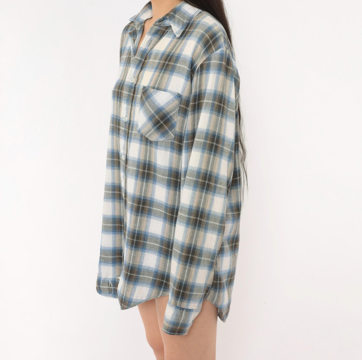 80s Sears Sportswear Plaid Flannel Shirt Blue White Cotton Button-Up Medium