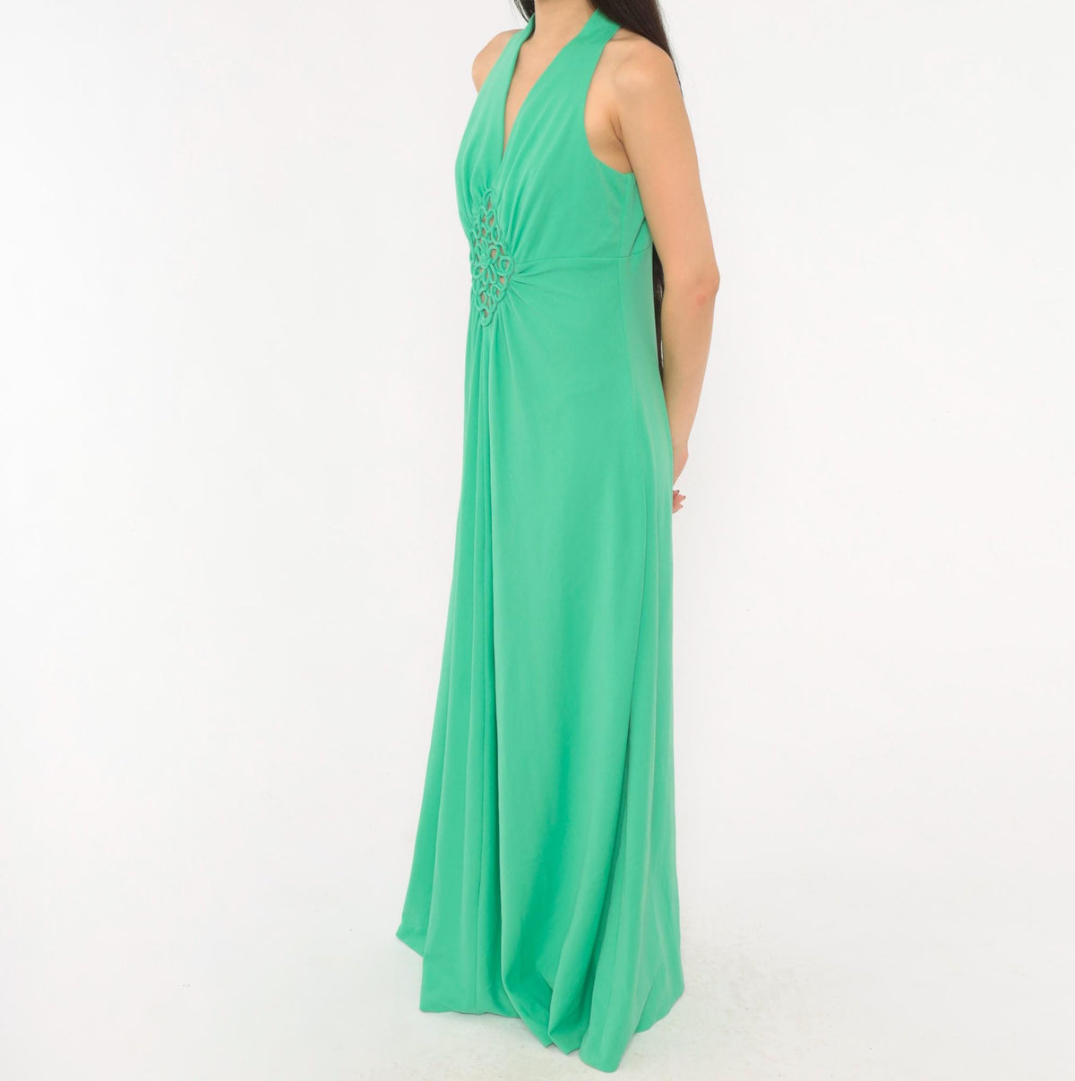 70s Mint Green Halter Maxi Dress Empire Waist Crochet Cutout V Neck Medium Large