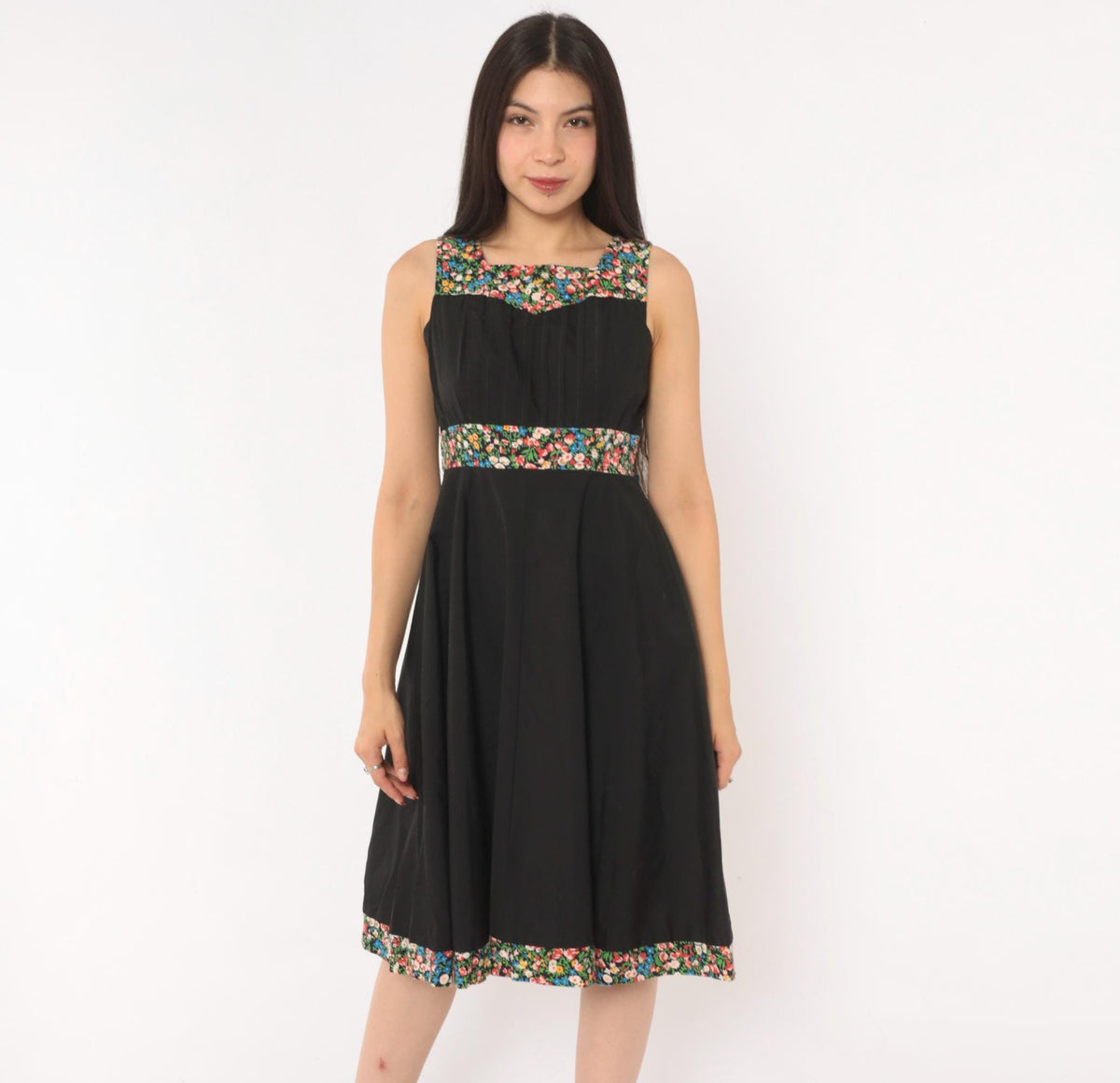 70s Tracy Petites Black Floral Calico Sundress Square Neck Tie Back XS