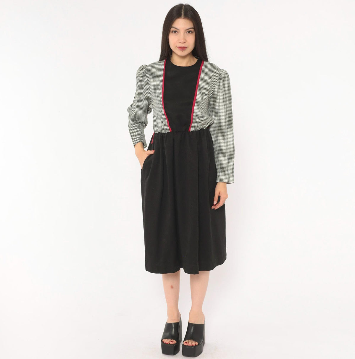 80s Houndstooth Check Dress Black White Puff Sleeve Knee Length V Panel Small
