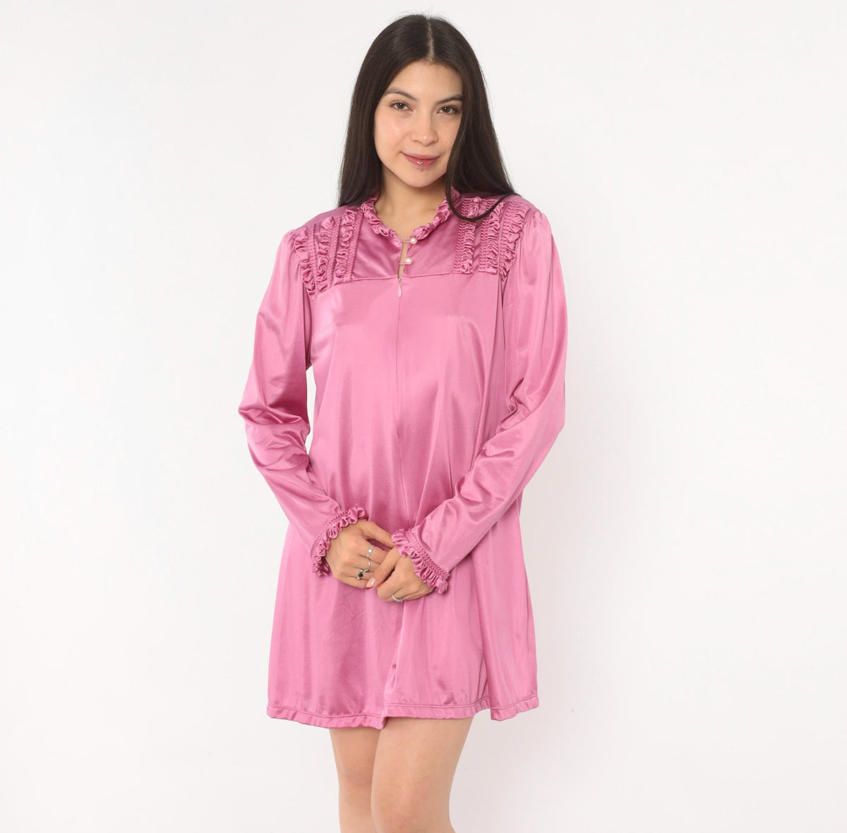 80s Vanity Fair Mauve Romper Ruffled Yoke Pearl Button Loungewear Large L