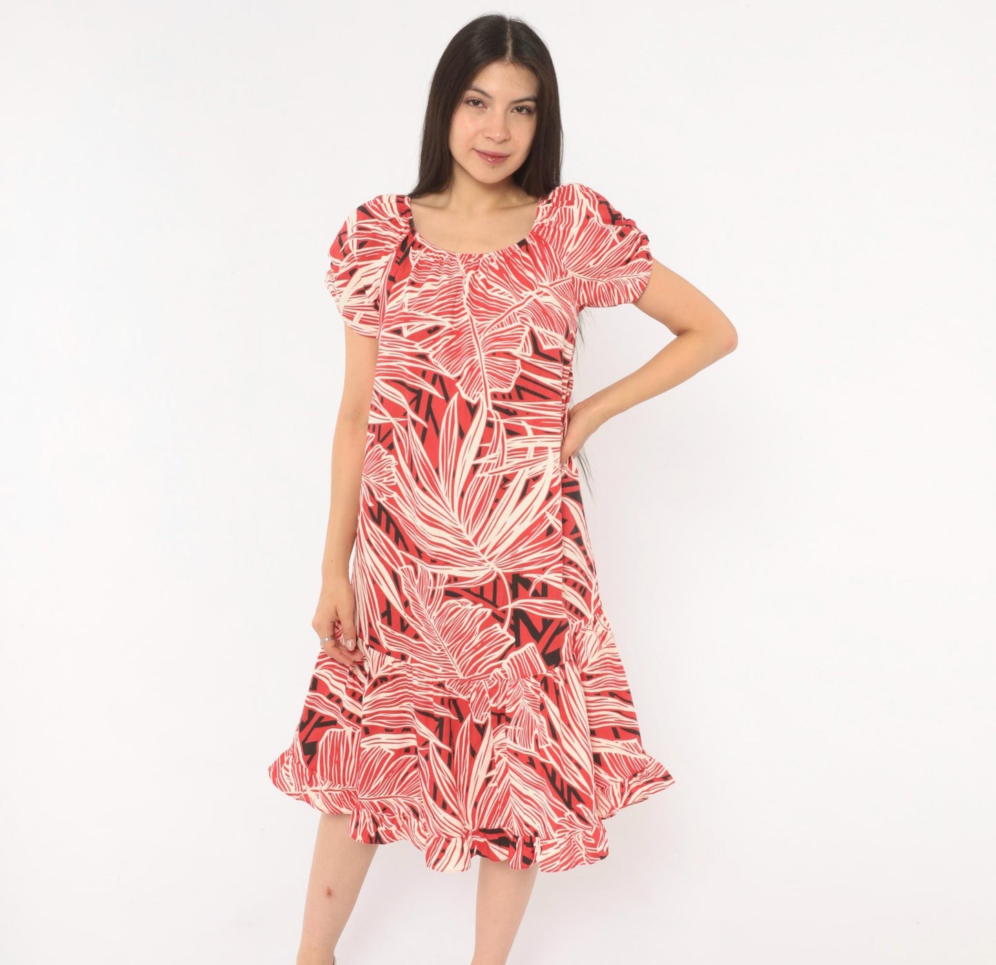80s Me-Too Tropical Leaf Print Dress Red White Puff Sleeve Knee-Length XS