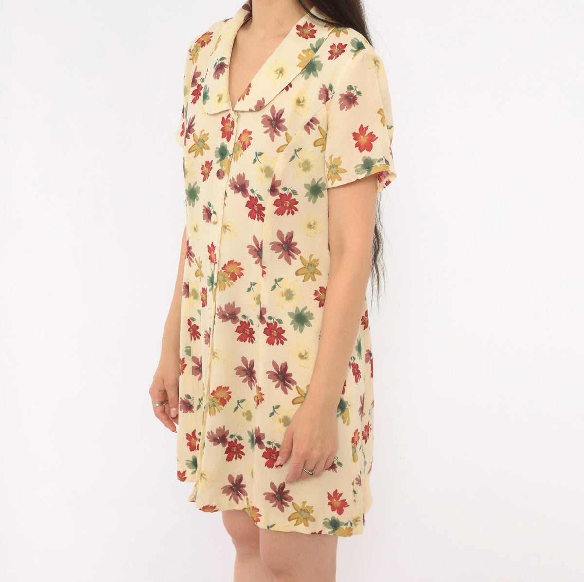90s Evan-Picone Floral Button Front Mini Dress Cream Daisy Print Medium M