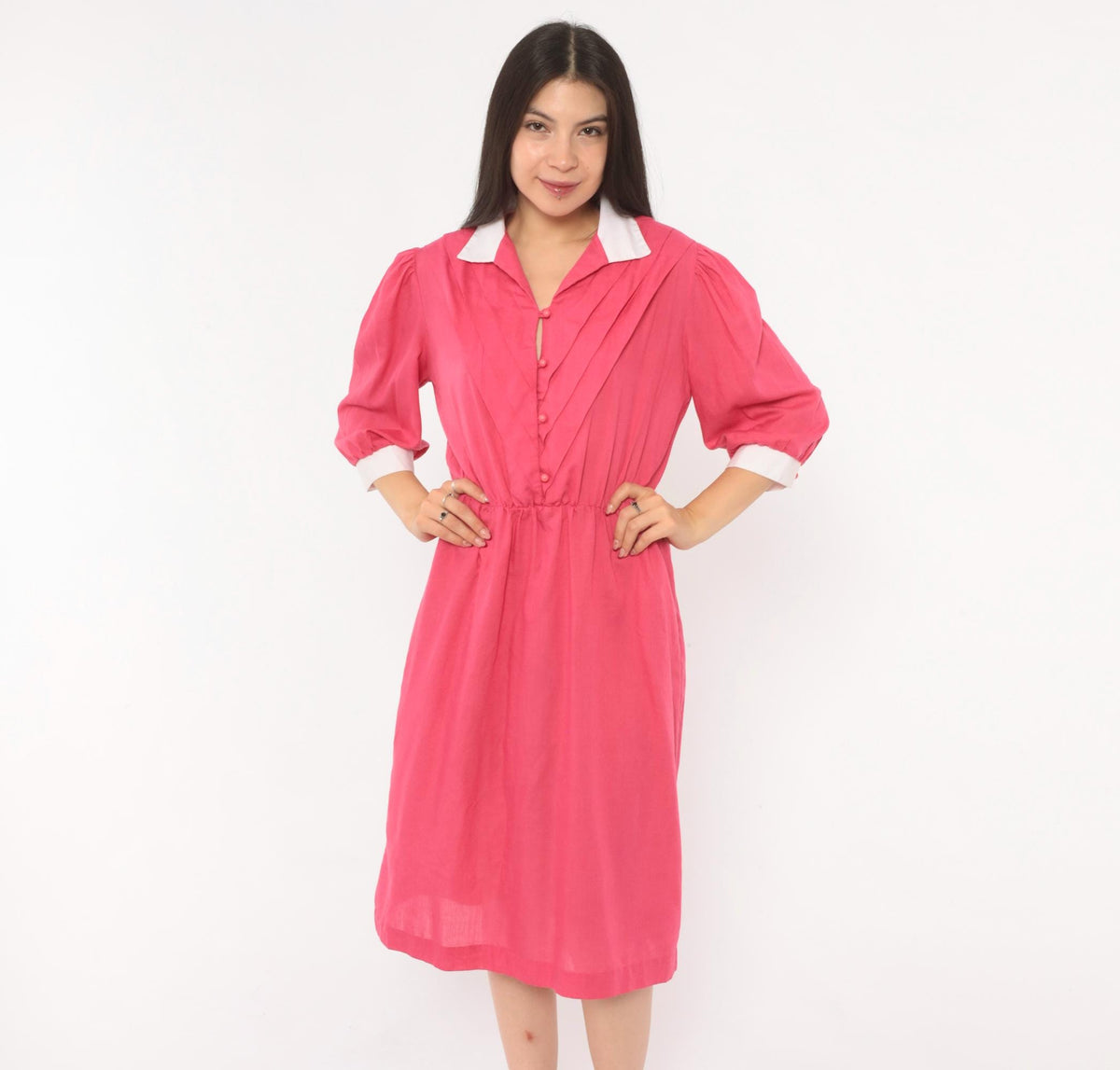 80s Fuchsia Puff Sleeve Shirtdress White Collar Pleated Bodice Pink Buttons Small Medium