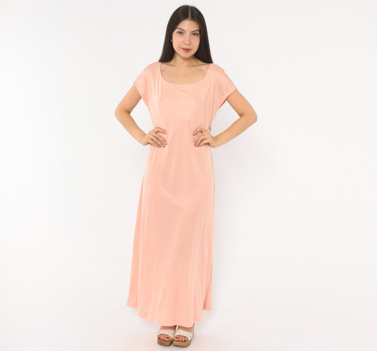 70s Blush Pink Maxi Dress Cap Sleeve Scoop Neck A-Line Large