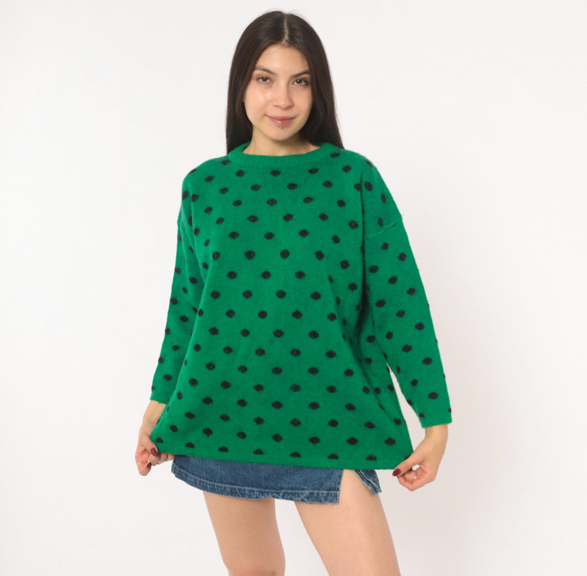 90s Perspective Polka Dot Wool Knit Sweater Emerald Green Medium M