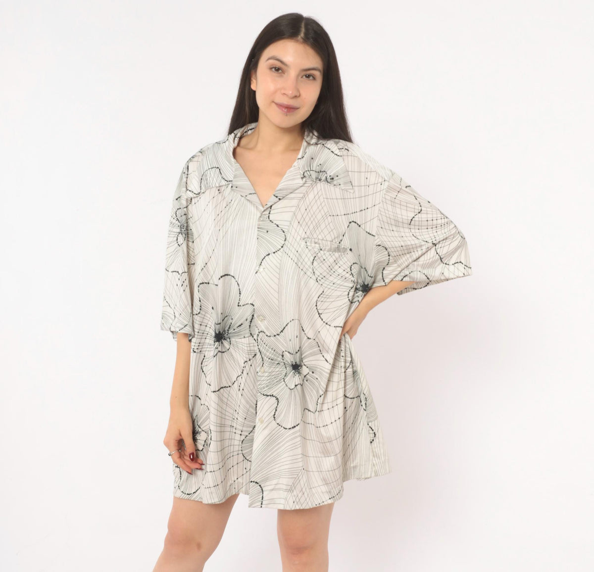 70s Kramers Honolulu Hawaiian Shirt Black Floral Line Art White Plus Size XXL