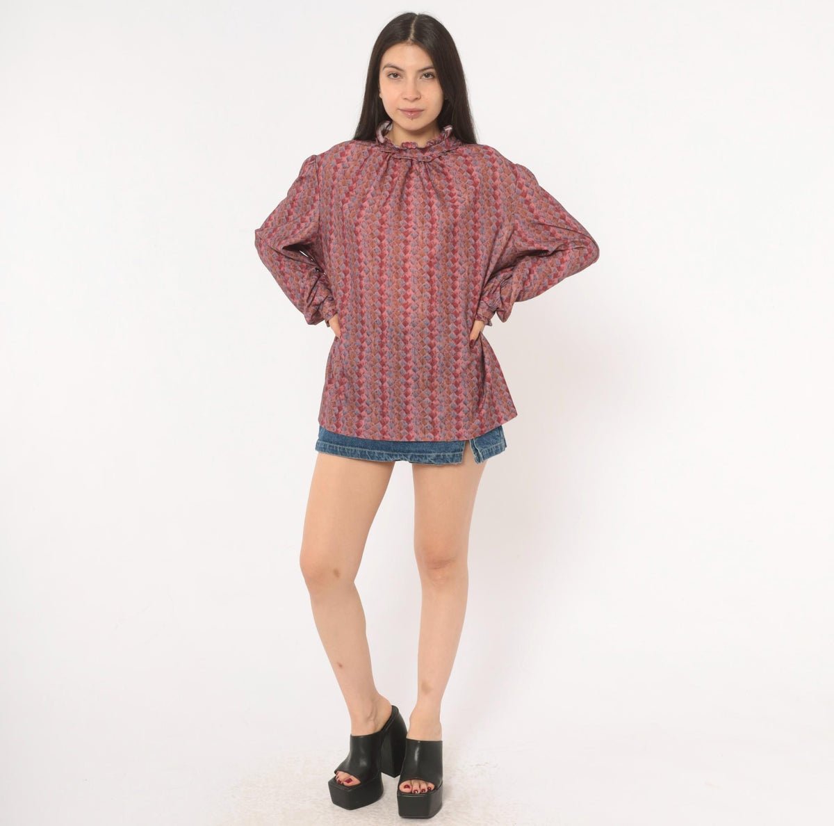70s La Grande Petite Diamond Harlequin Blouse Ruffle Neck Puff Sleeve Dusty Rose Extra Large