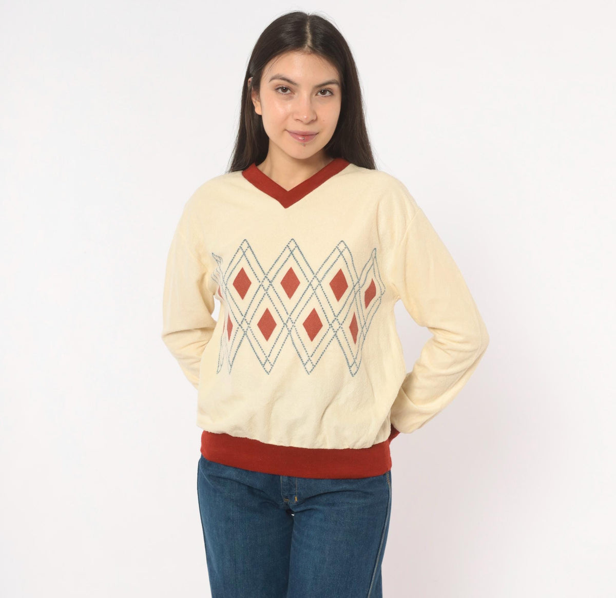 70s Windjammer Argyle V-Neck Pullover Sweatshirt Cream Burgundy Medium M