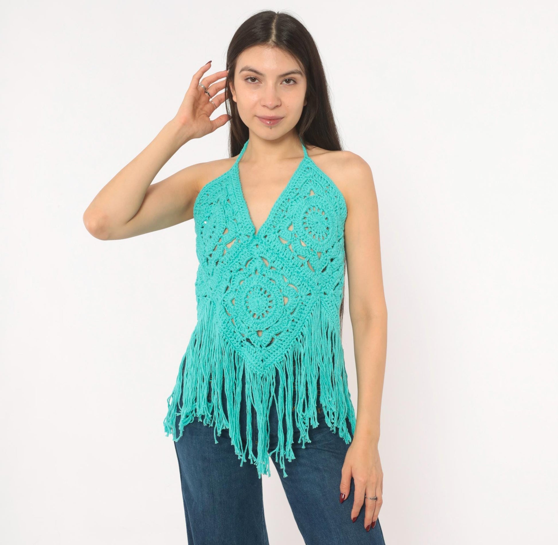 Y2K Teal Crochet Halter Top Granny Square Fringe Cotton Turquoise Small–Large