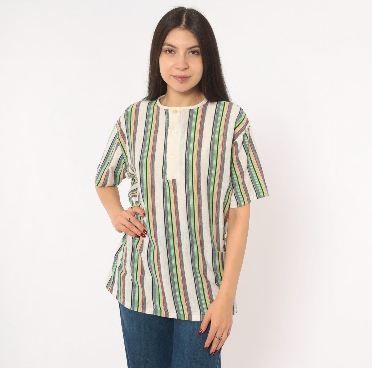 70s Esprit Multicolor Striped Henley Short Sleeve Cotton Shirt Extra Large XL