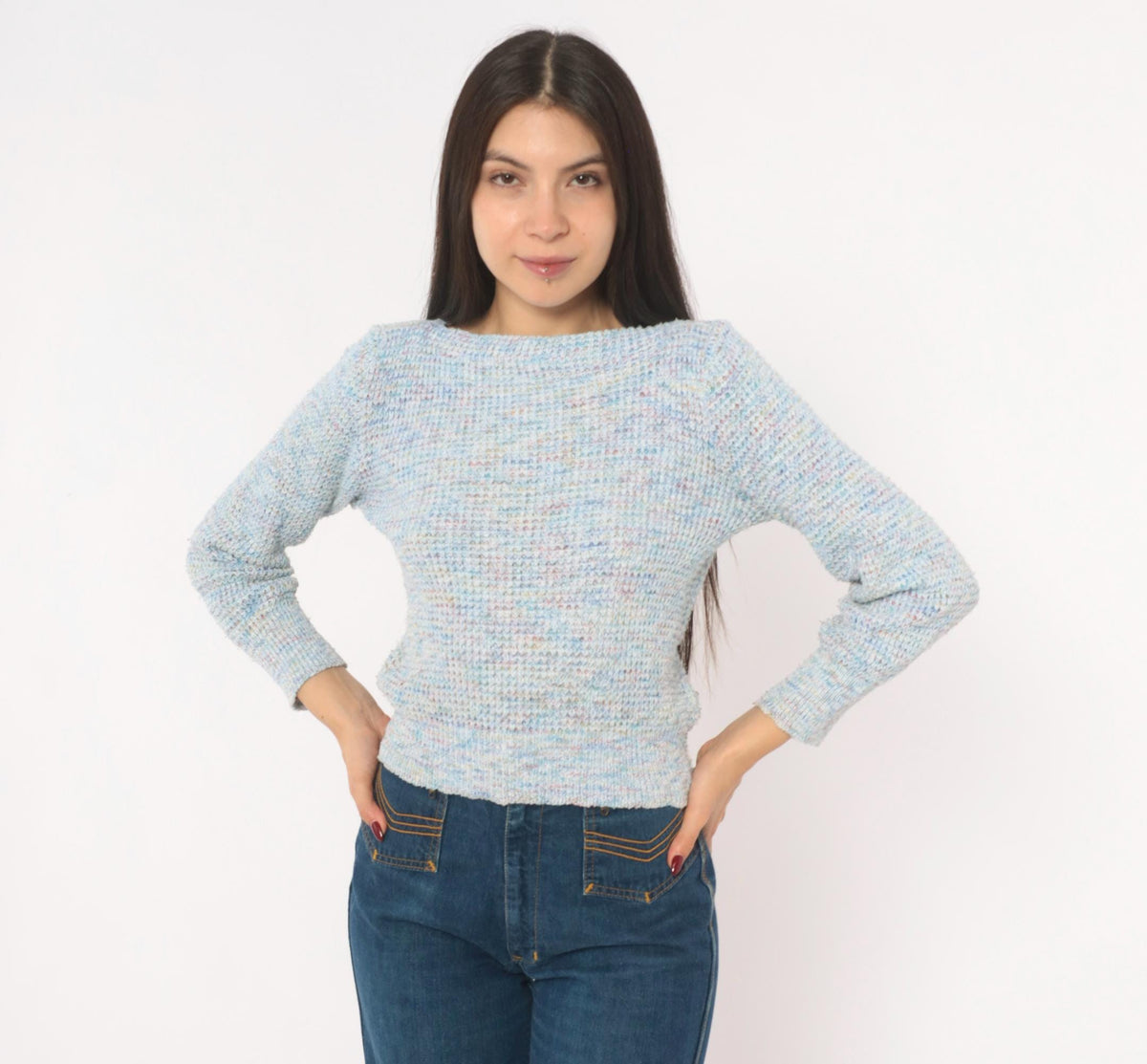 70s Powder Blue Speckled Knit Sweater Boat Neck Cropped Small