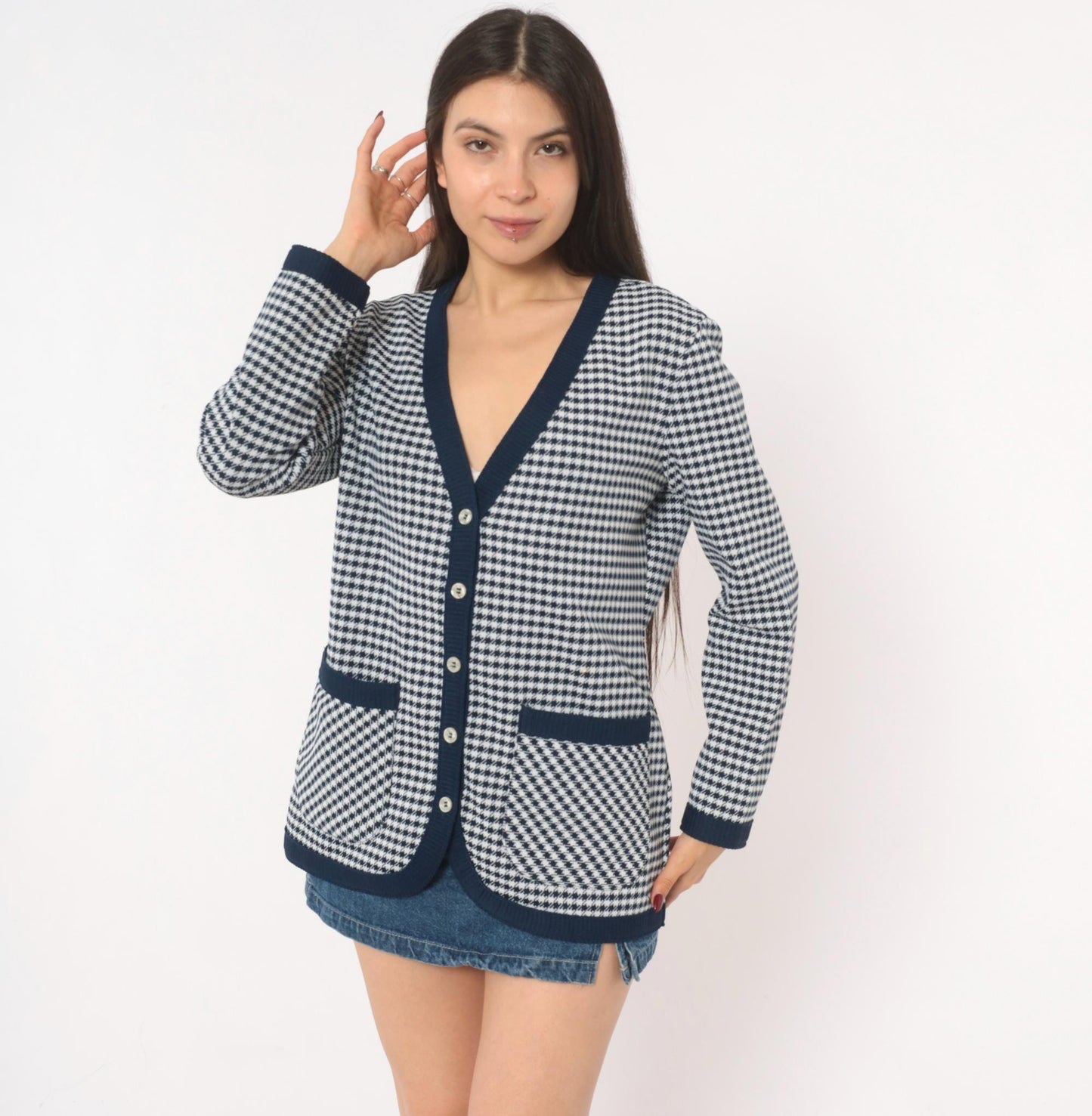 70s Jack Winter Houndstooth Cardigan Navy White Check Knit Medium M