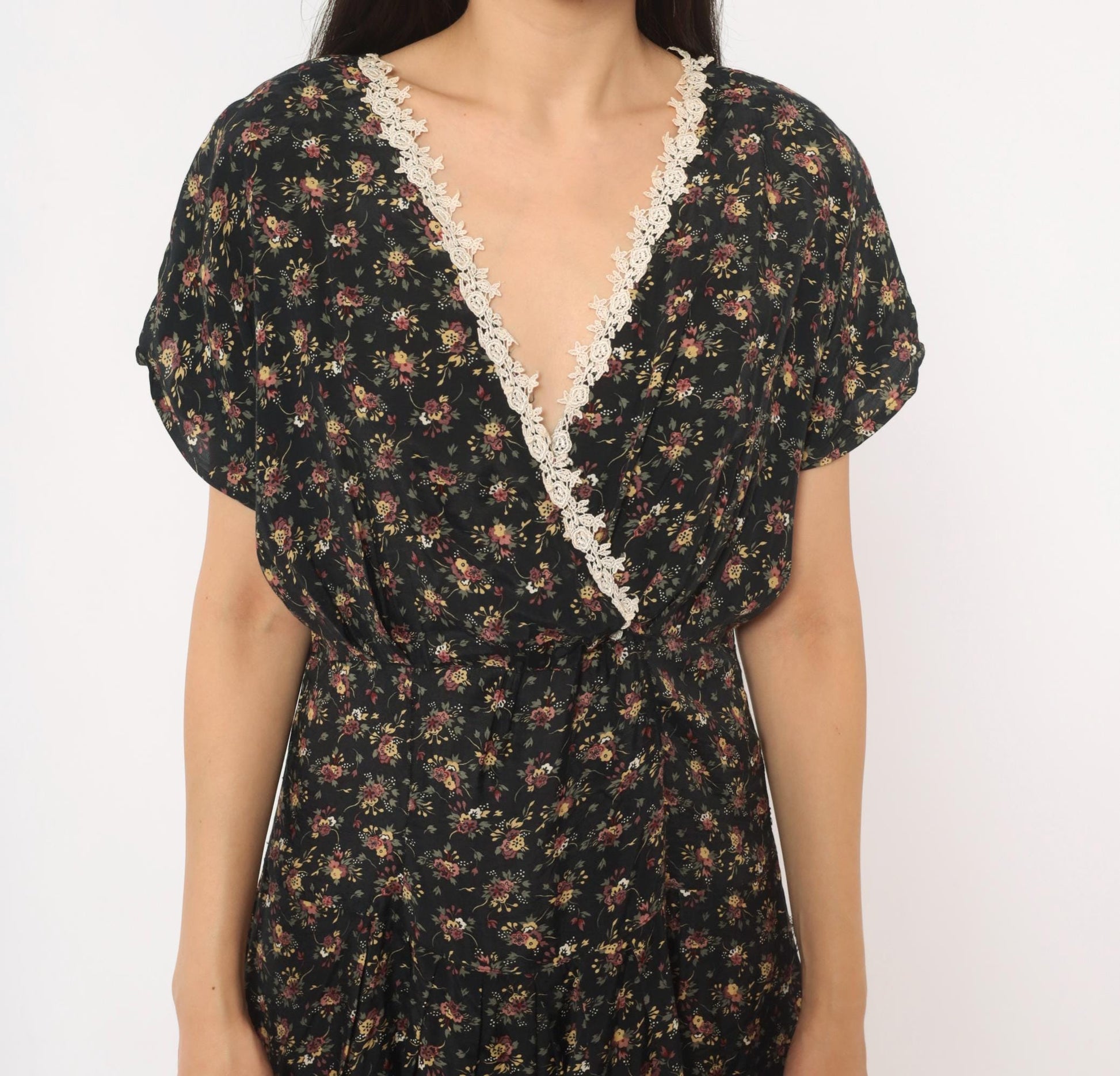 90s Ariana Black Floral Maxi Dress V-Neck Wrap Lace Trim Flutter Sleeve Large L
