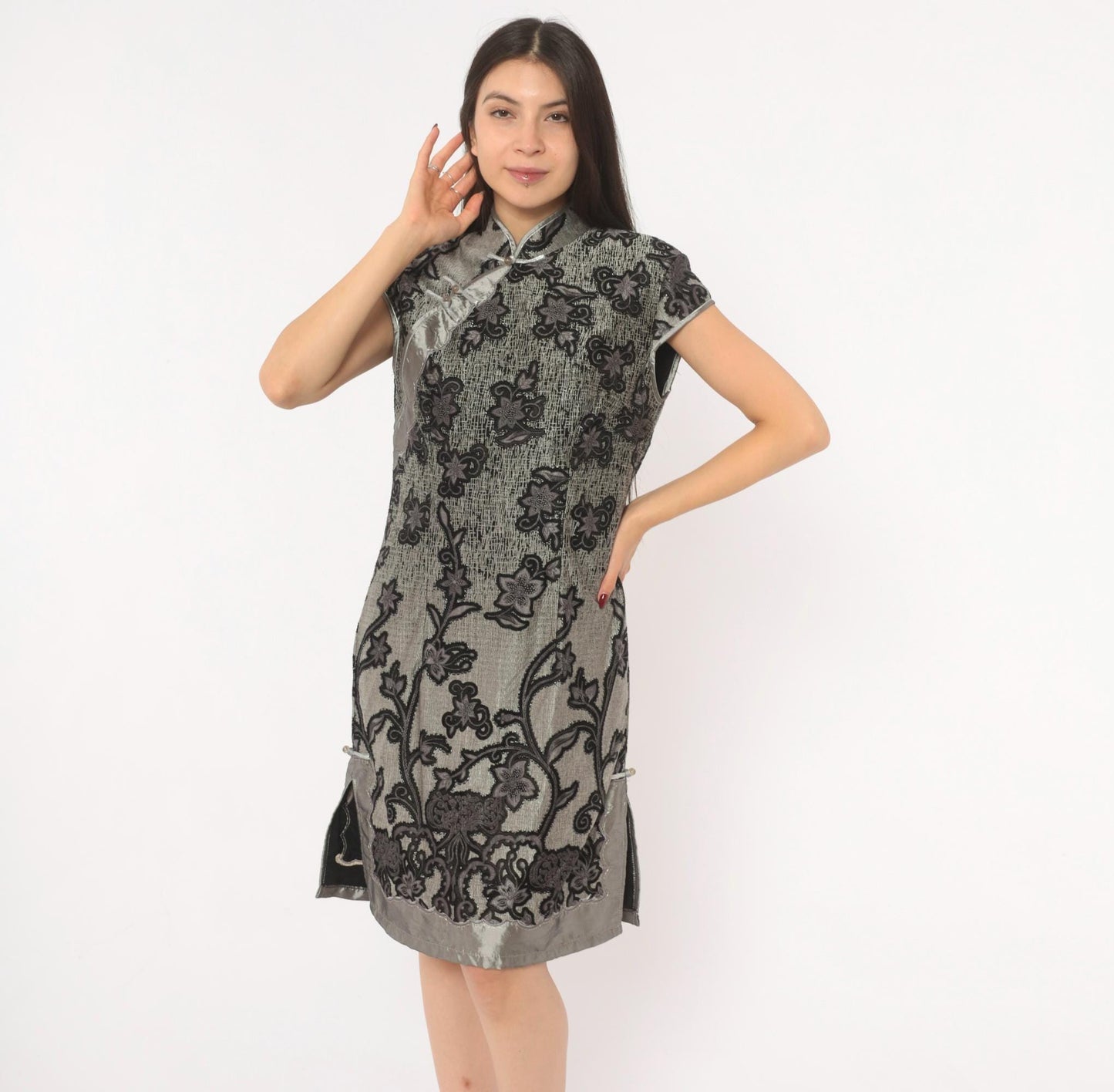 90s Grey Cheongsam Dress Black Floral Embroidered Qipao Mandarin Collar Medium M