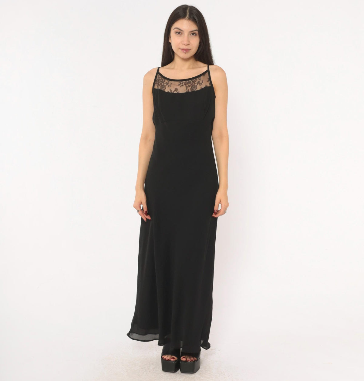 Gunne Sax Black Lace Maxi Slip Dress 90s Spaghetti Strap Low Back Large L