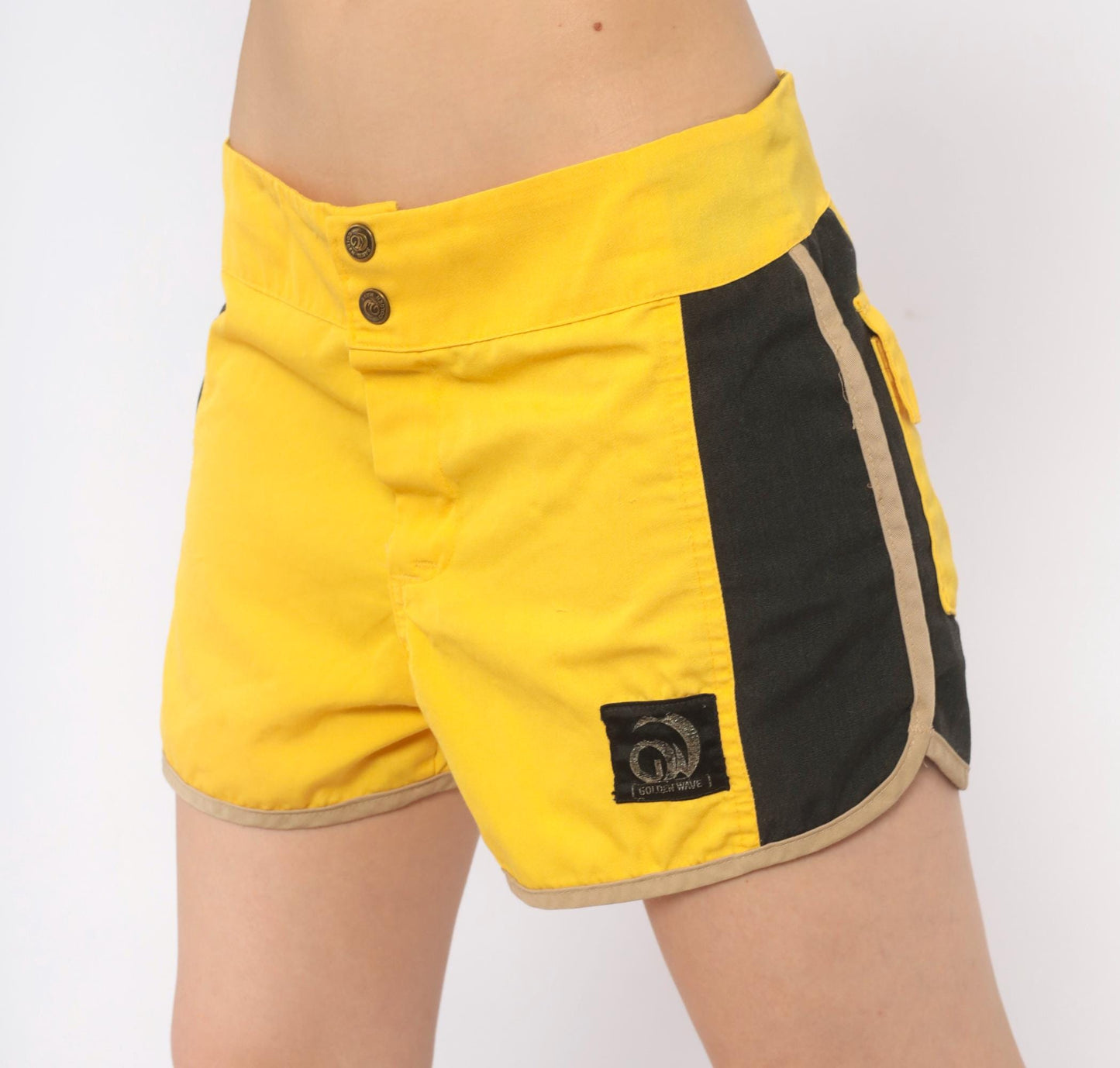 70s Golden Wave Board Shorts Yellow Black Colour Block Cotton Large L