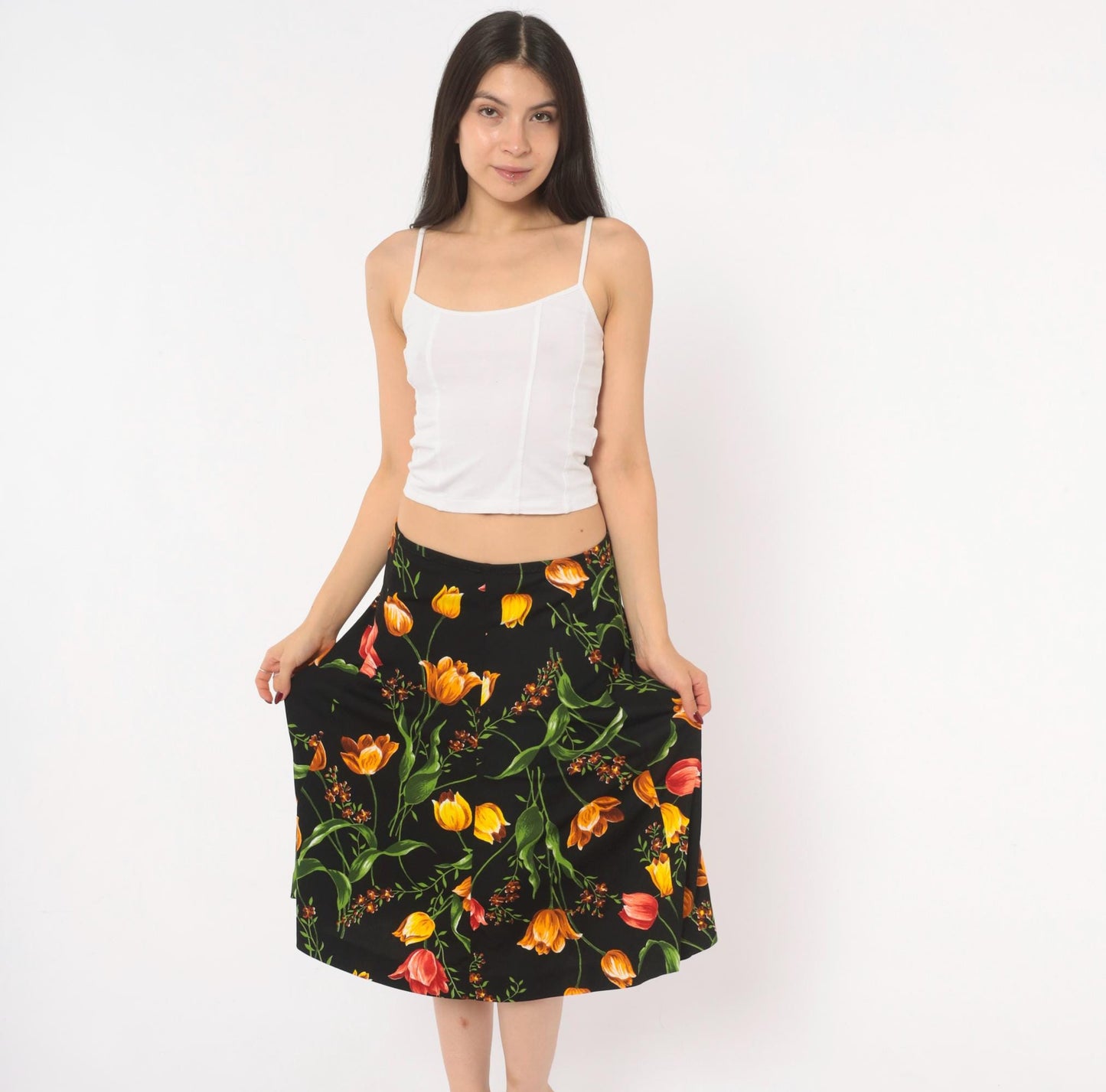 90s St Charmond Tulip Floral A-Line Skirt Black Orange Yellow Medium Large