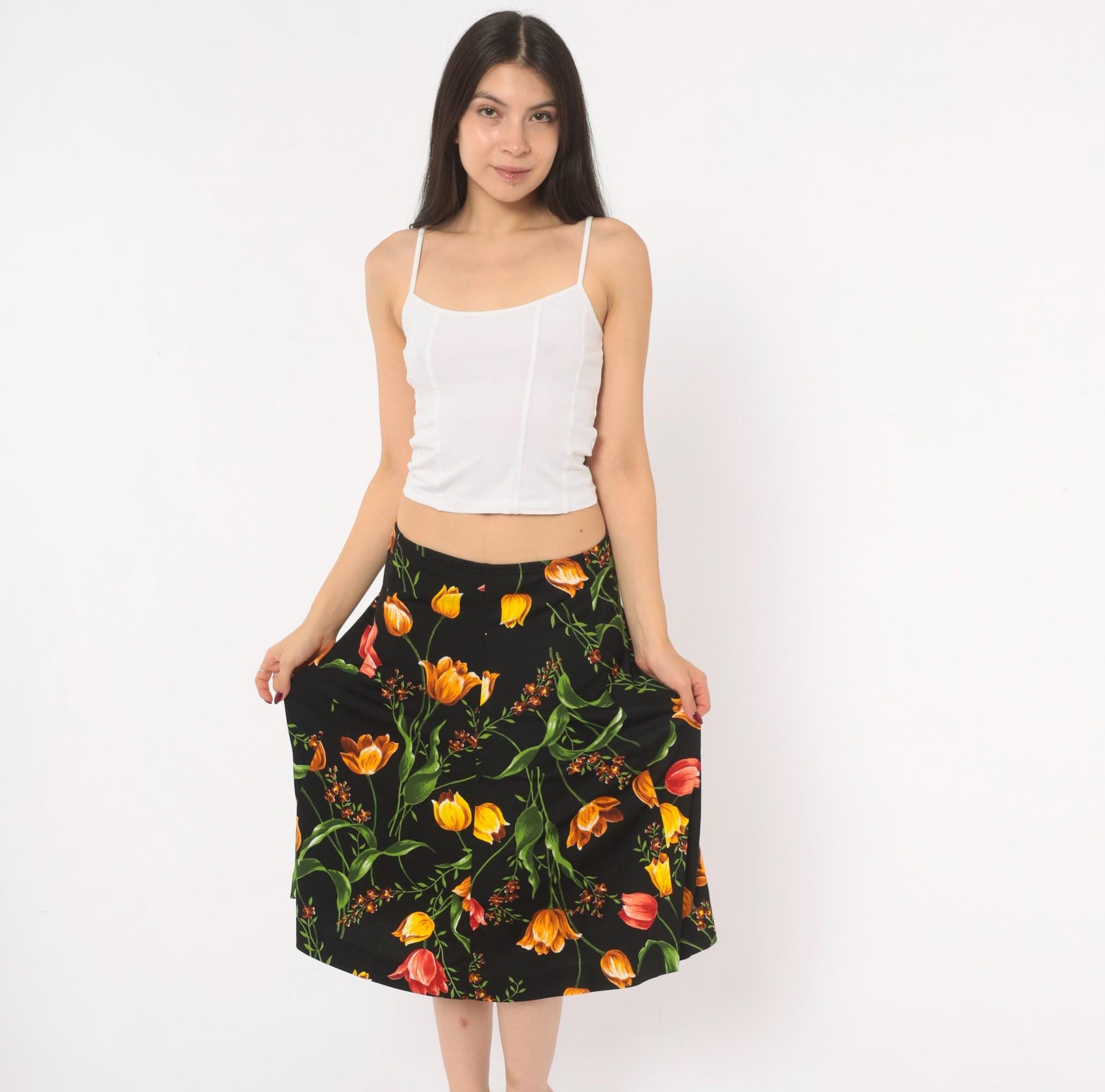 90s St Charmond Tulip Floral A-Line Skirt Black Orange Yellow Medium Large