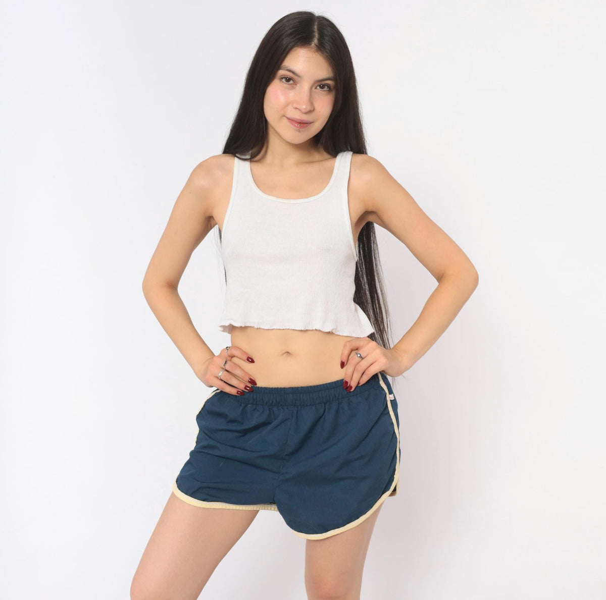 80s Jantzen Navy Running Shorts Cream Piping Dolphin Hem Cotton Medium