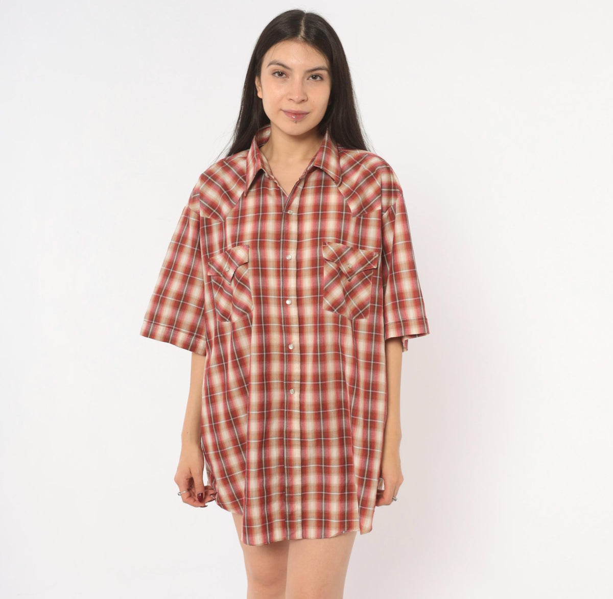90s Plains Western Pearl Snap Shirt Burgundy Plaid Cotton Extra Large XL