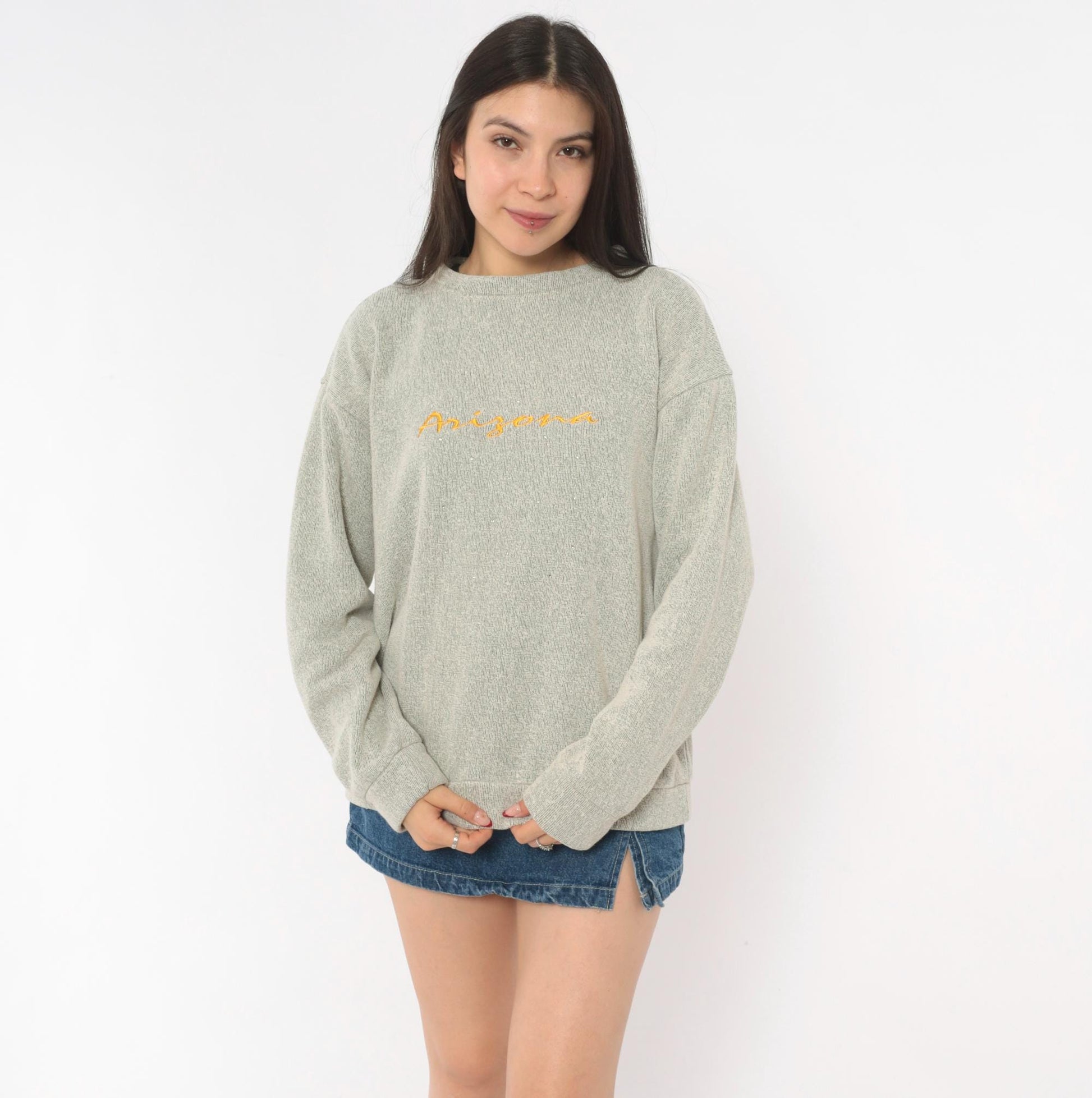 90s Arizona Embroidered Crewneck Sweater Tan Grey Speckled Niko's Large L