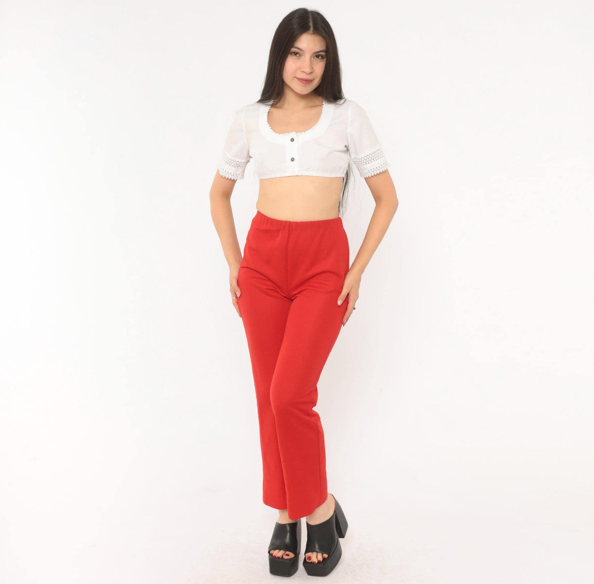 70s Red High Rise Straight Leg Pants Elastic Waist Pull On Trousers Extra Small XS