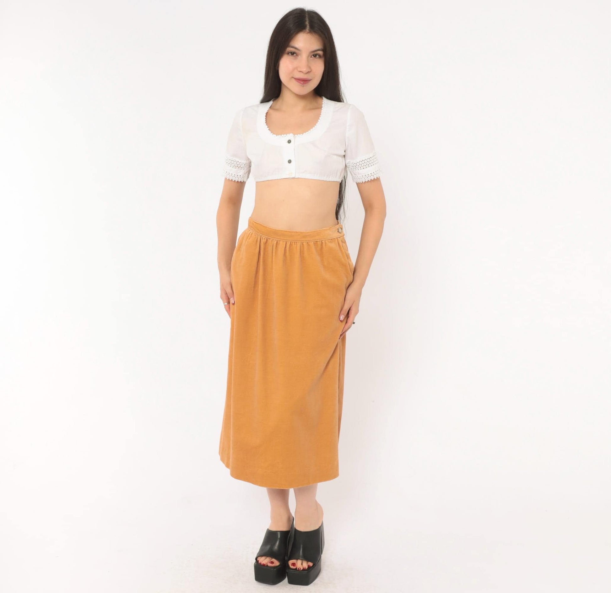 80s Evan Picone Velvet Midi Skirt Camel A-Line Button Pockets Medium M