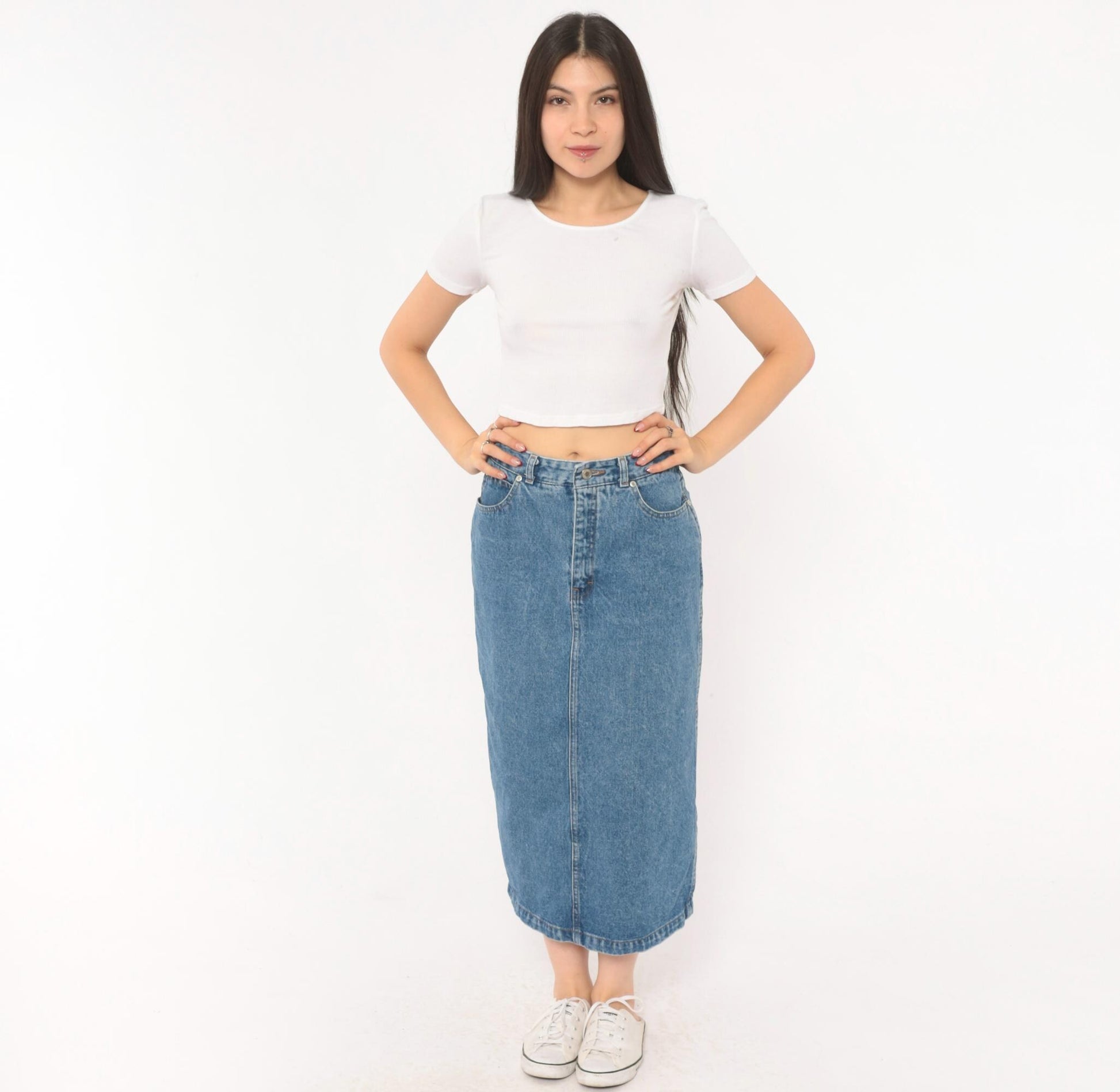 90s Jordache Denim Midi Skirt Medium Wash High Waist Straight Pencil Back Slit Small