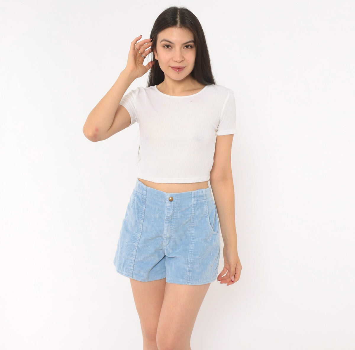80s Ocean Pacific Corduroy Shorts Sky Blue High Waist Cotton Medium