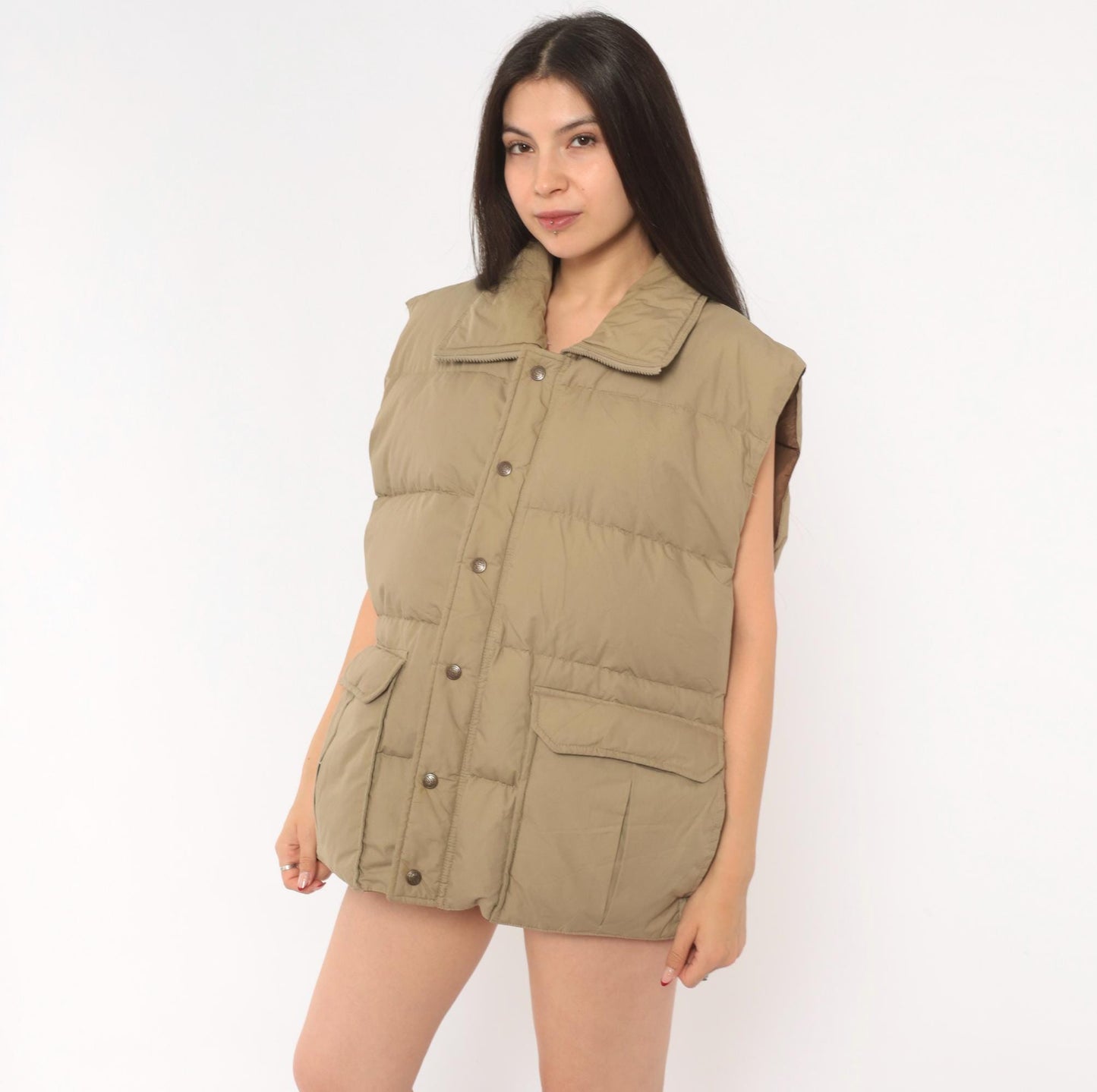 80s Tan Puffer Vest Sears Snap Front Quilted Down Gilet Plus Size XXL