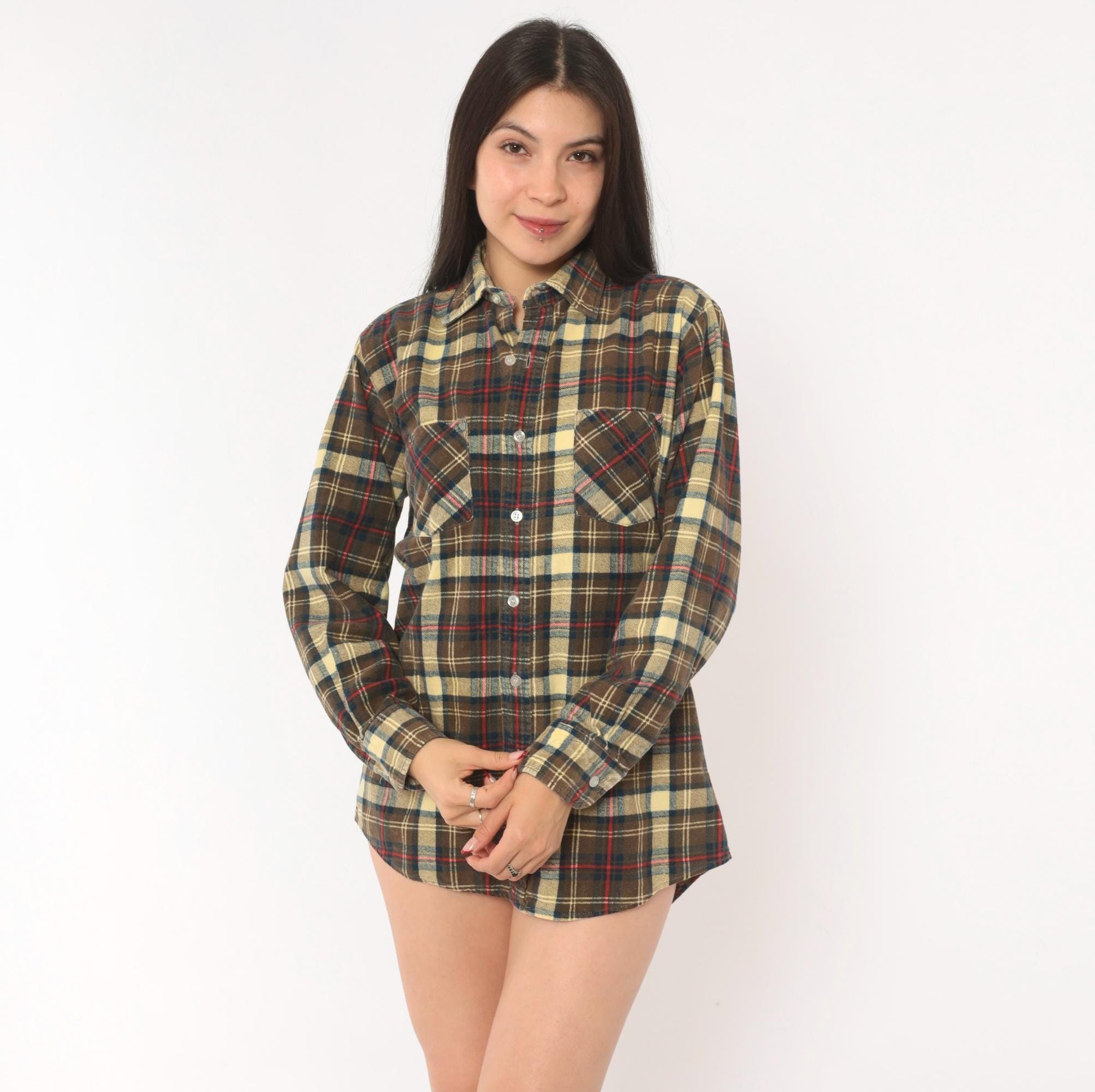 90s Chandler Plaid Flannel Shirt Brown Tan Red Navy Cotton Small S