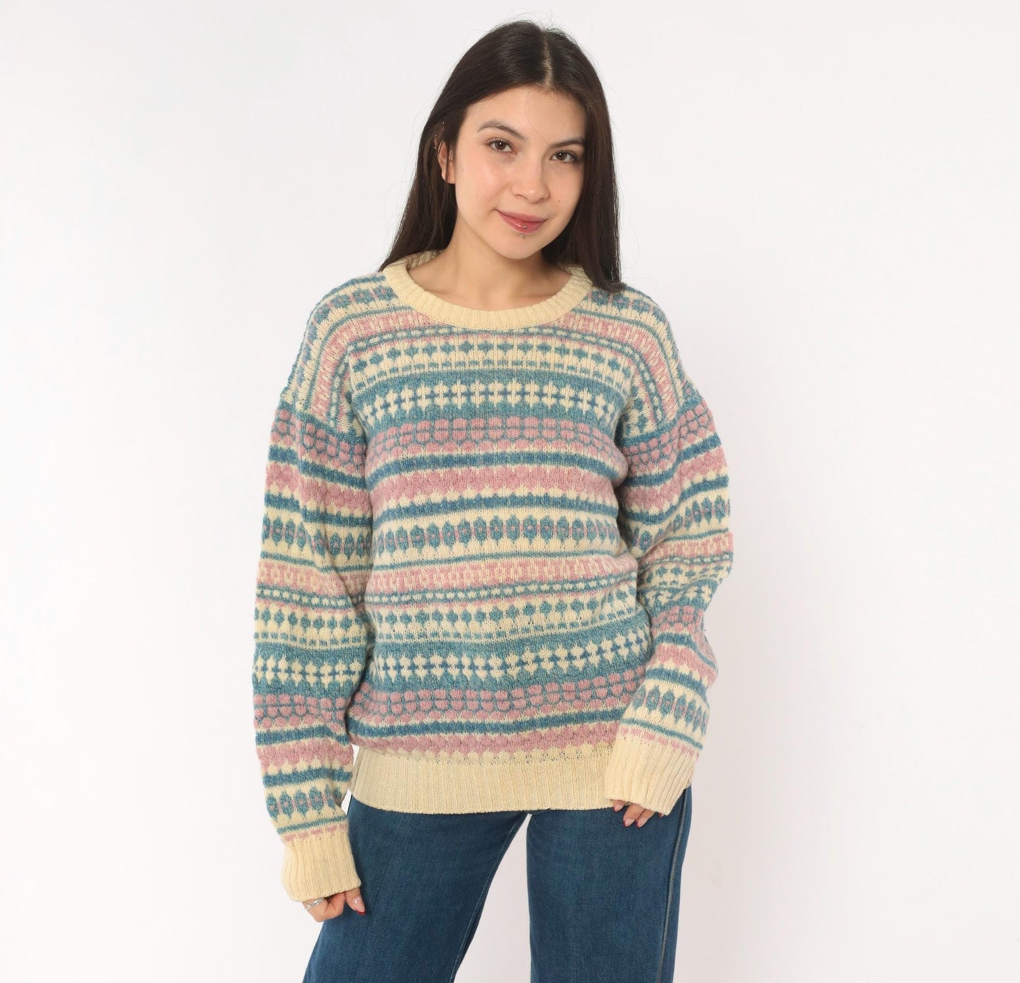 80s American Eagle Fair Isle Wool Sweater Cream Pink Blue Large