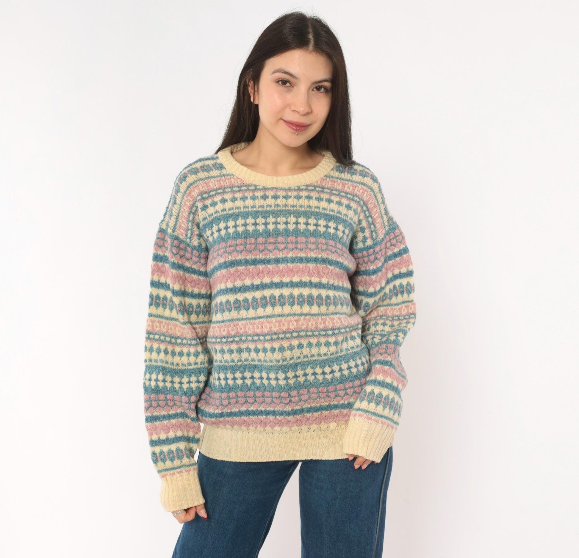 80s American Eagle Fair Isle Wool Sweater Cream Pink Blue Large
