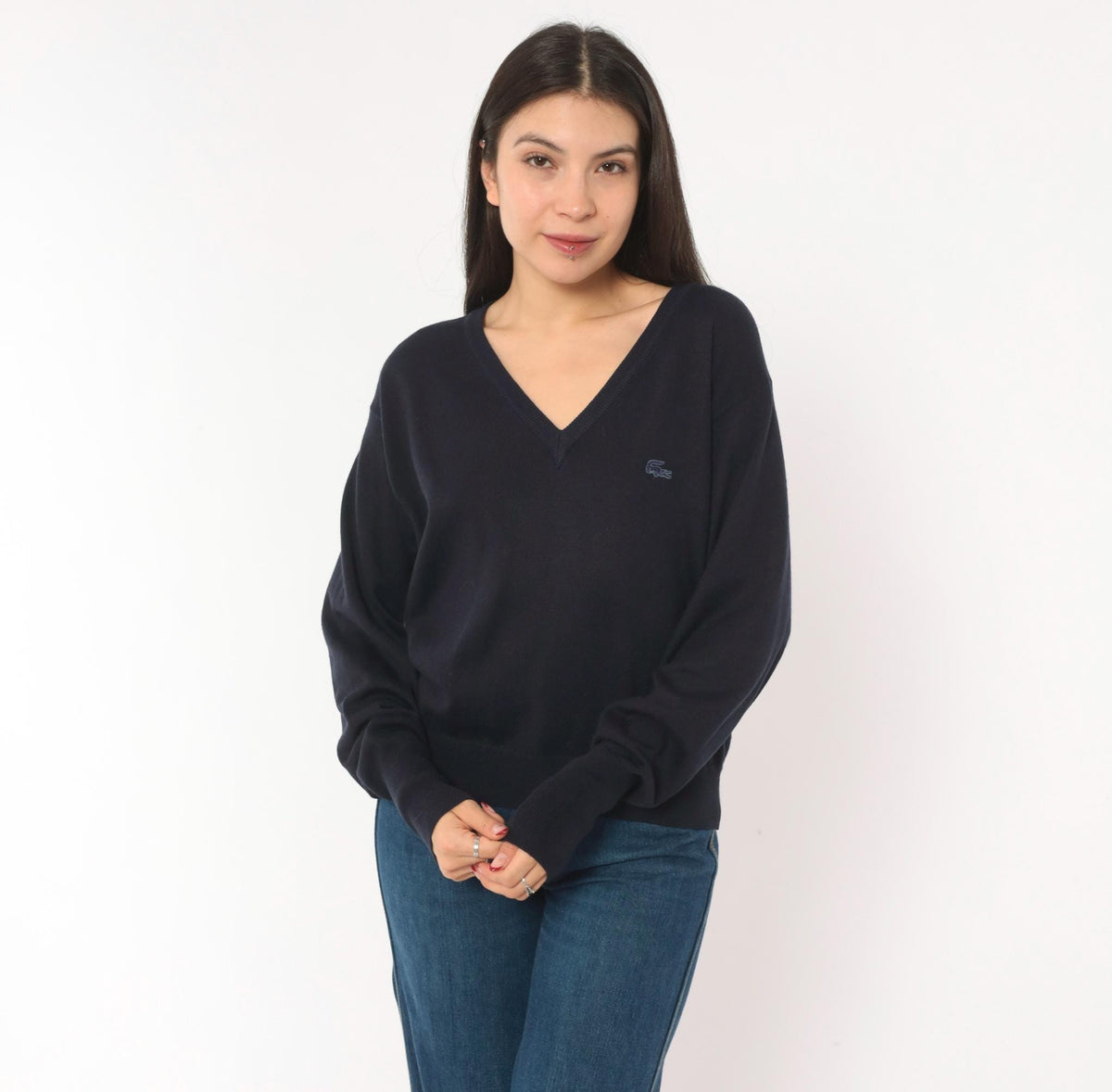 80s Izod Lacoste V-Neck Sweater Navy Wool Blend Raglan Pullover Small
