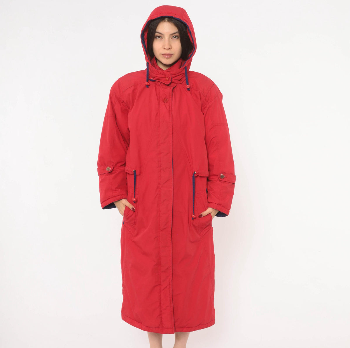 80s Red Duck Down Parka Long Hooded Coat Navy Trim Small S
