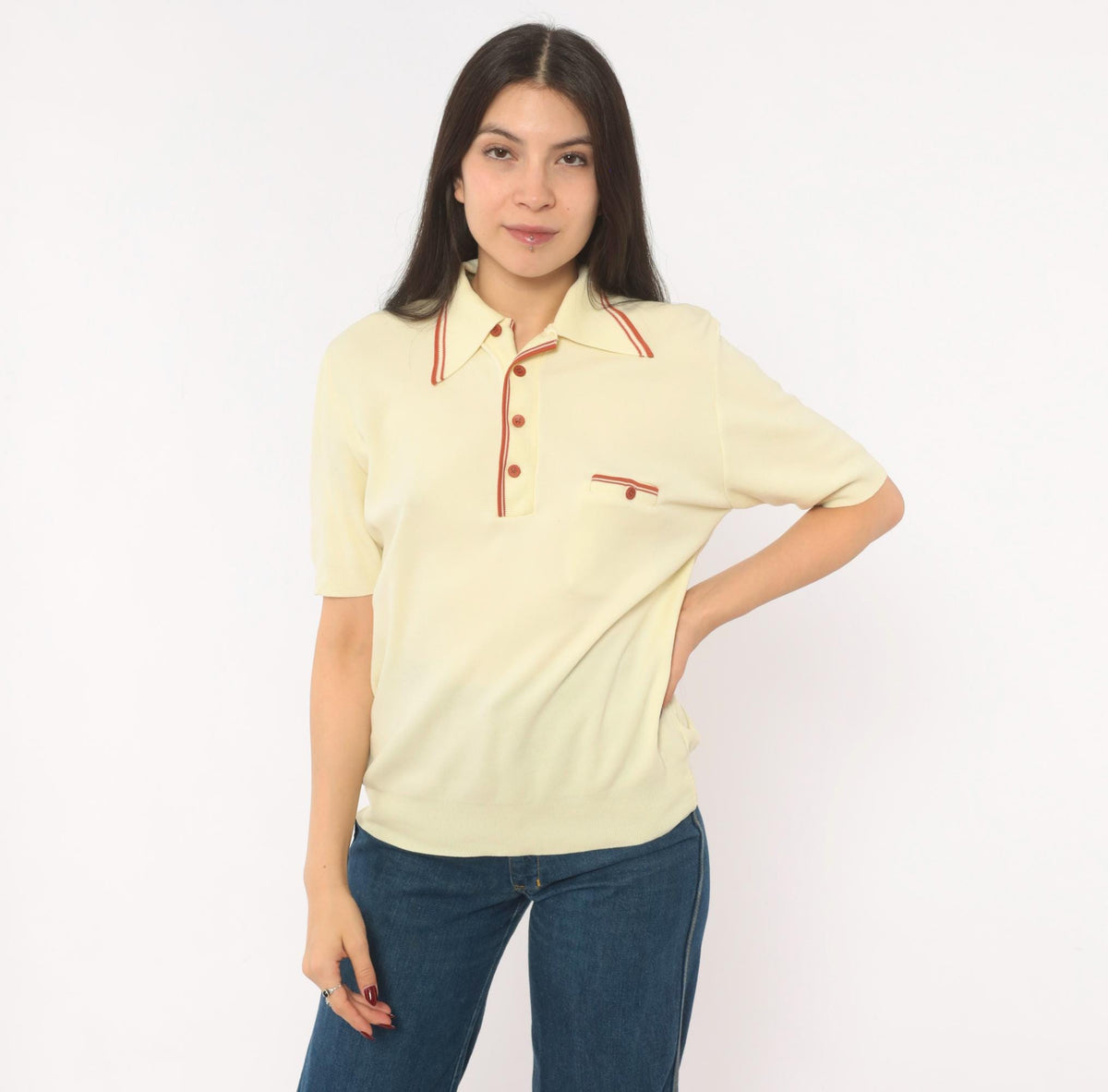 70s Ban Lon Polo Shirt Cream Rust Collar Knit Medium M