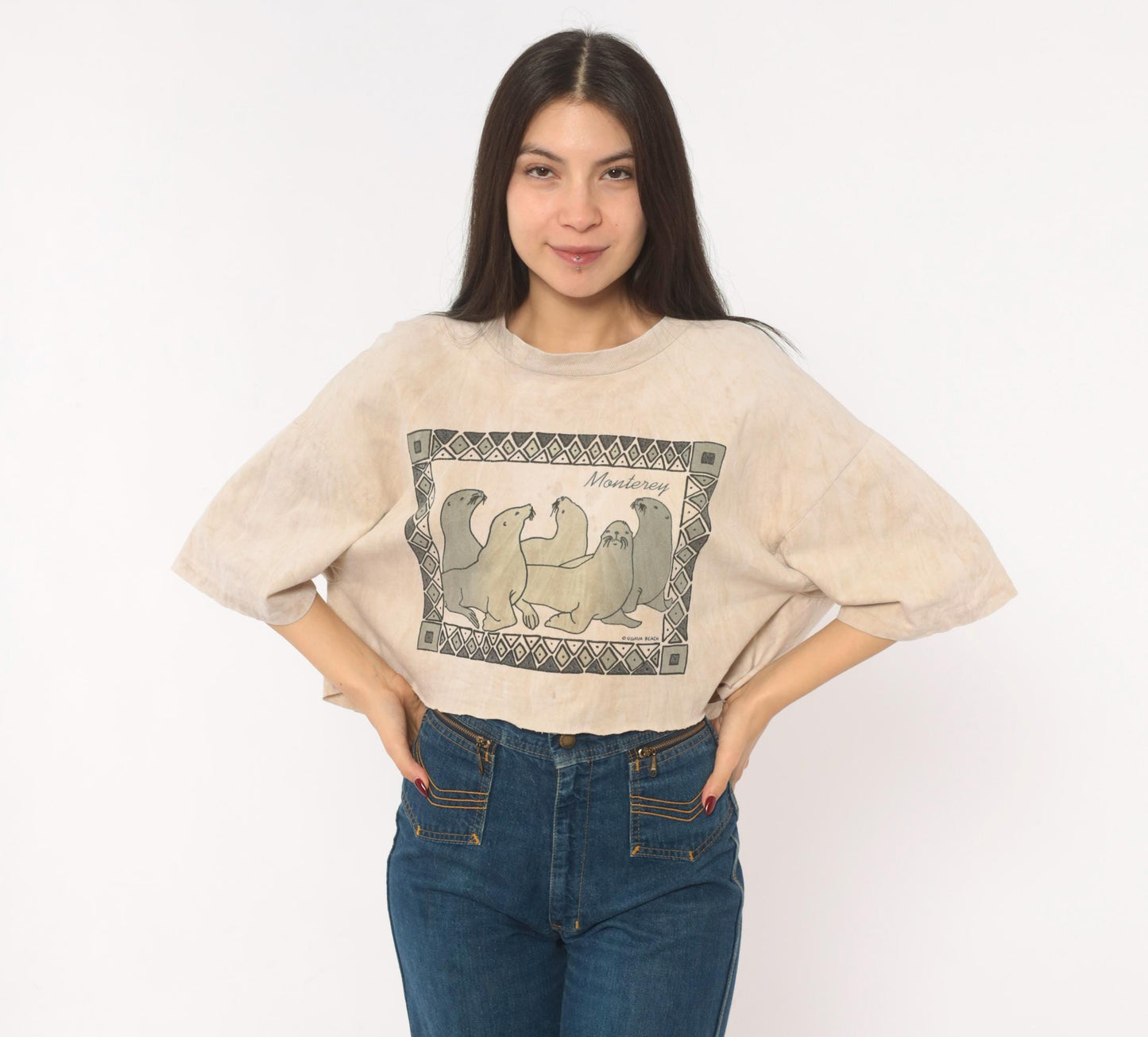 90s Guava Beach Monterey Sea Lion Crop Top Tan Acid Wash Cotton Medium