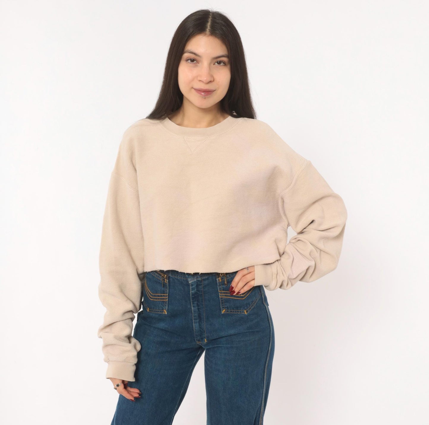 90s Lands' End Cropped Sweatshirt Tan Cotton Raglan Small