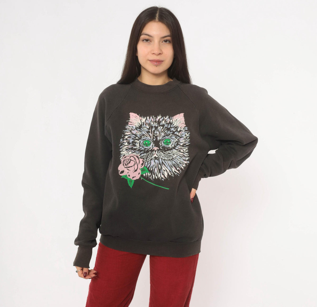 90s Fruit Of The Loom Cat Rose Raglan Sweatshirt Faded Black Large L