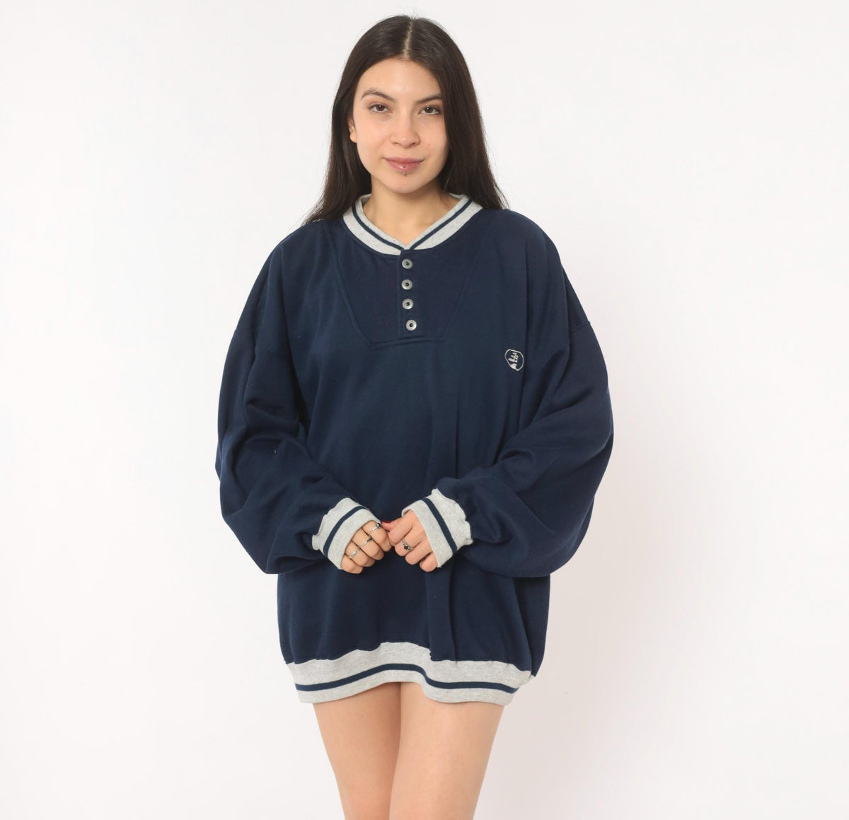 80s Puritan Navy Henley Sweatshirt Grey Stripe Snap Placket Plus Size XXL