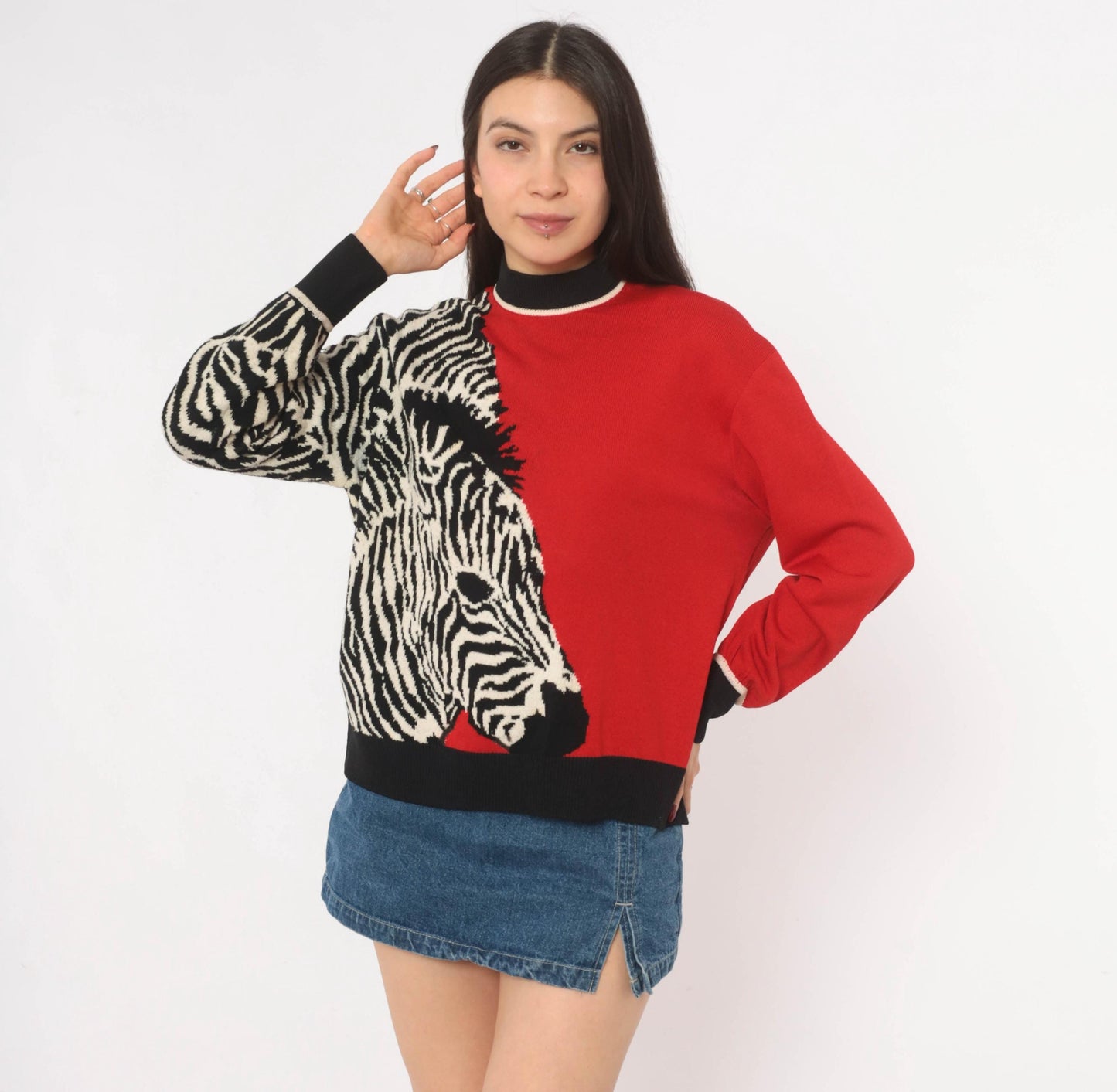 80s St. John Zebra Knit Pullover Red Black Color Block Wool Blend Medium M