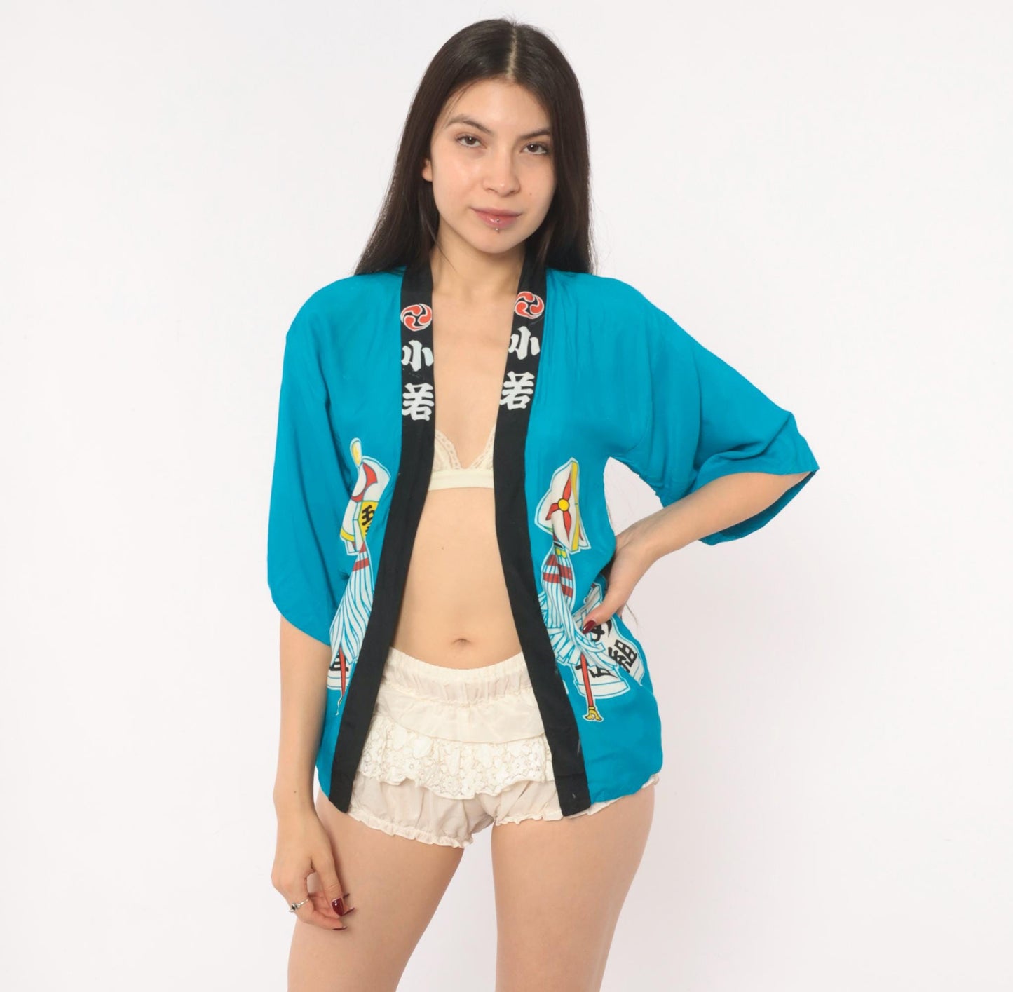 90s Japanese Festival Happi Coat Teal Matsuri Kanji Pinwheel Lantern Open Front Extra Small