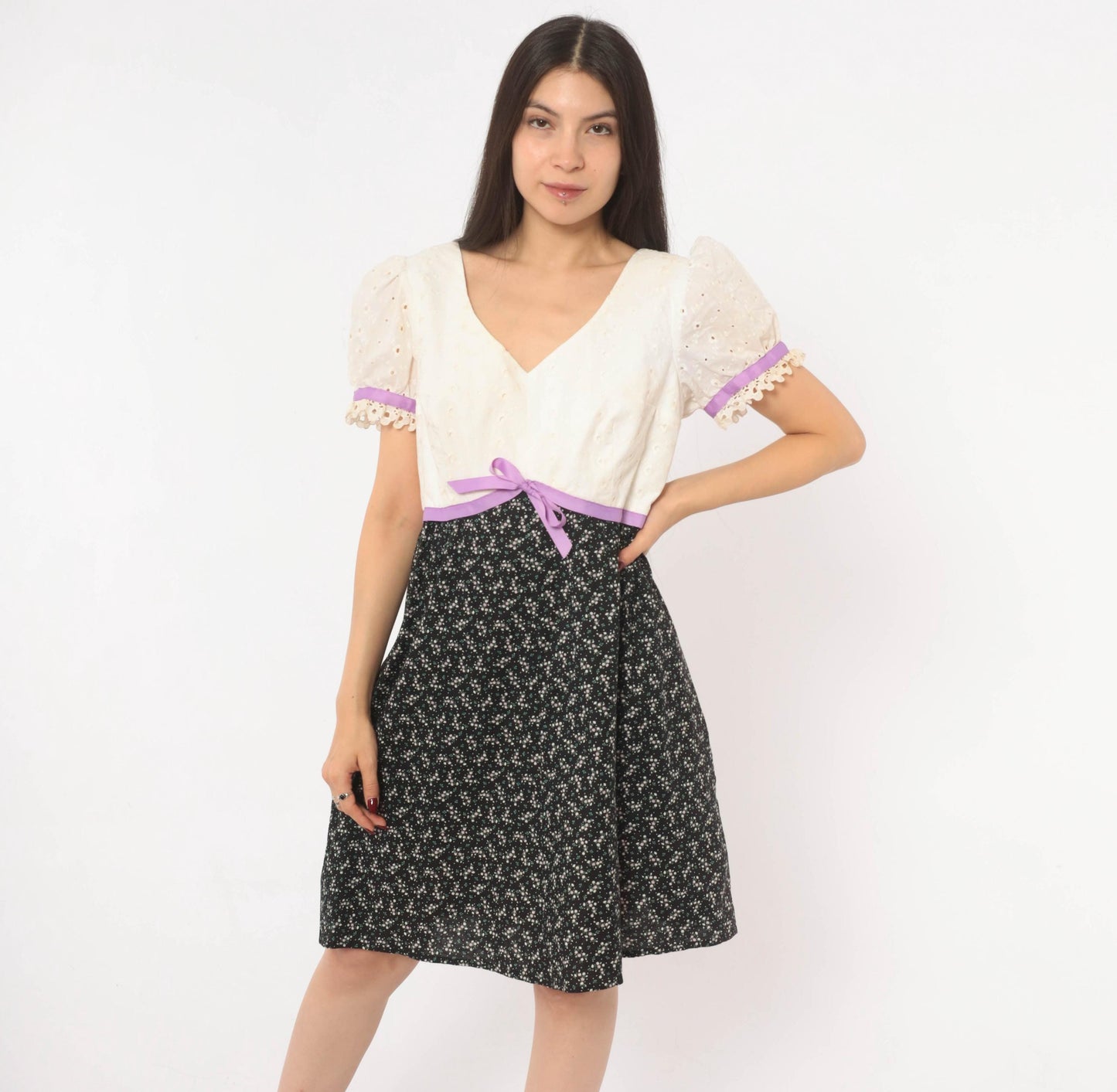 70s Princess Kaiulani Empire Waist Dress Eyelet Puff Sleeve Black Floral Medium M