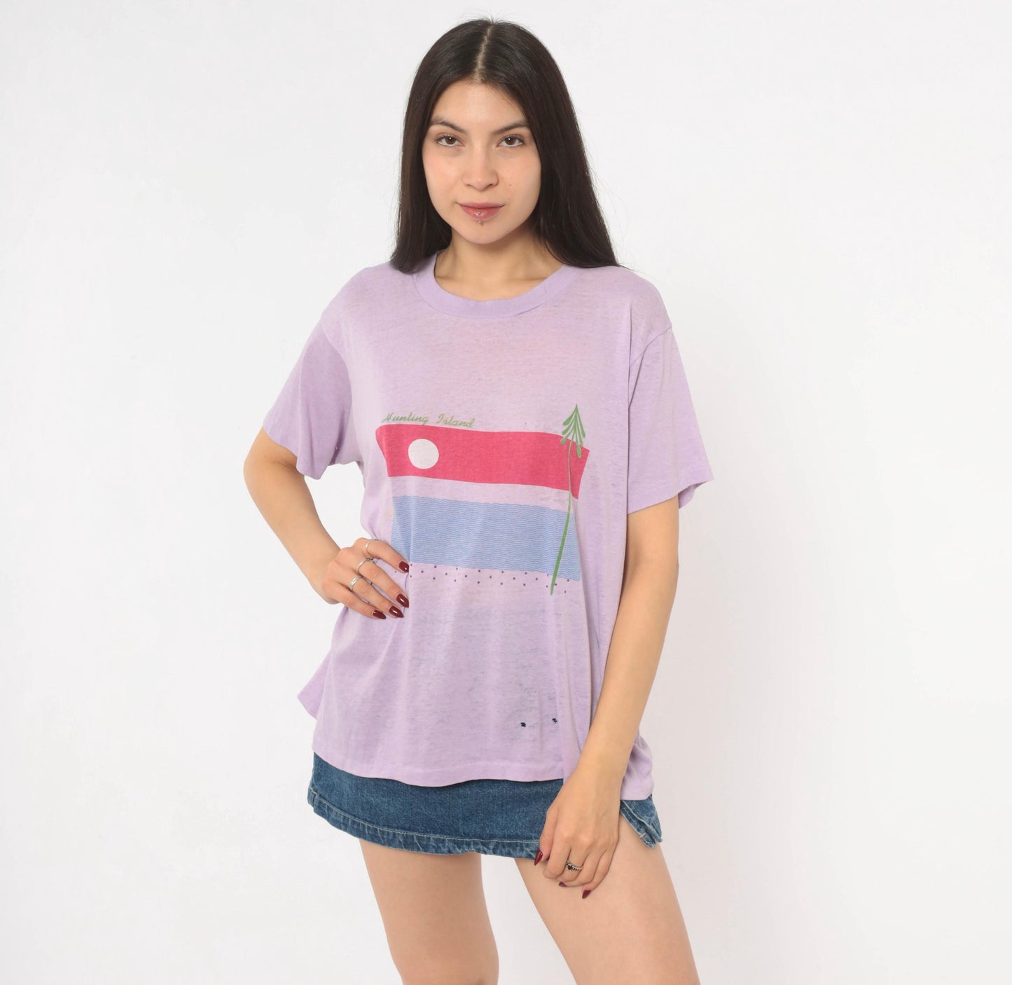 80s Hunting Island Graphic Tee Lilac Purple Sunset Beach Cotton Extra Large XL