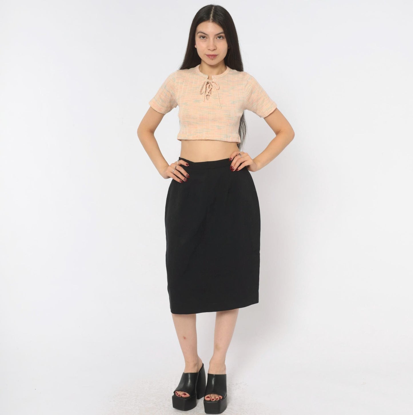 80s Michele Black Pencil Skirt High Waist Knee Length Small S