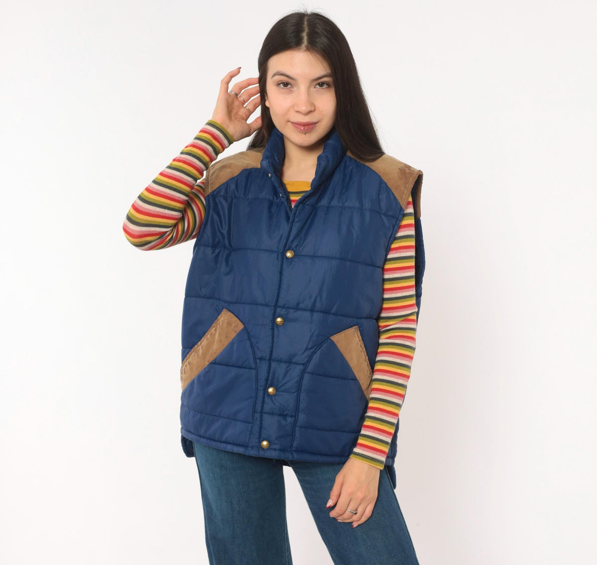 80s Navy Puffer Vest Quilted Suede Trim Snap Front Stand Collar Medium M
