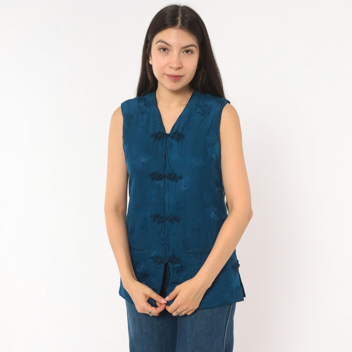 80s Teal Silk Cheongsam Vest Mandarin Frog Closure Floral Small