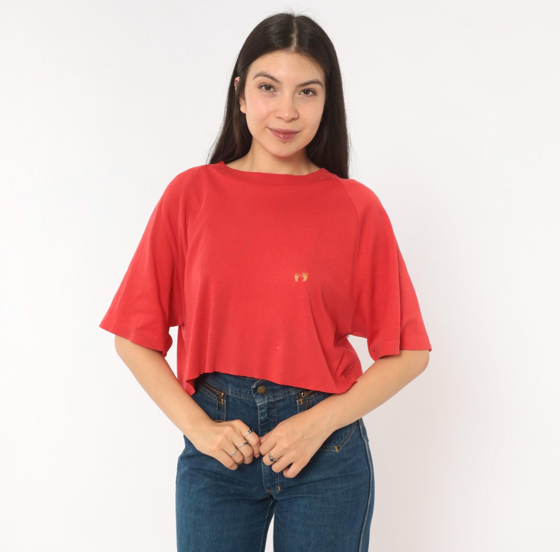 80s Hang Ten Red Cropped Raglan Tee Embroidered Logo Cotton Large L