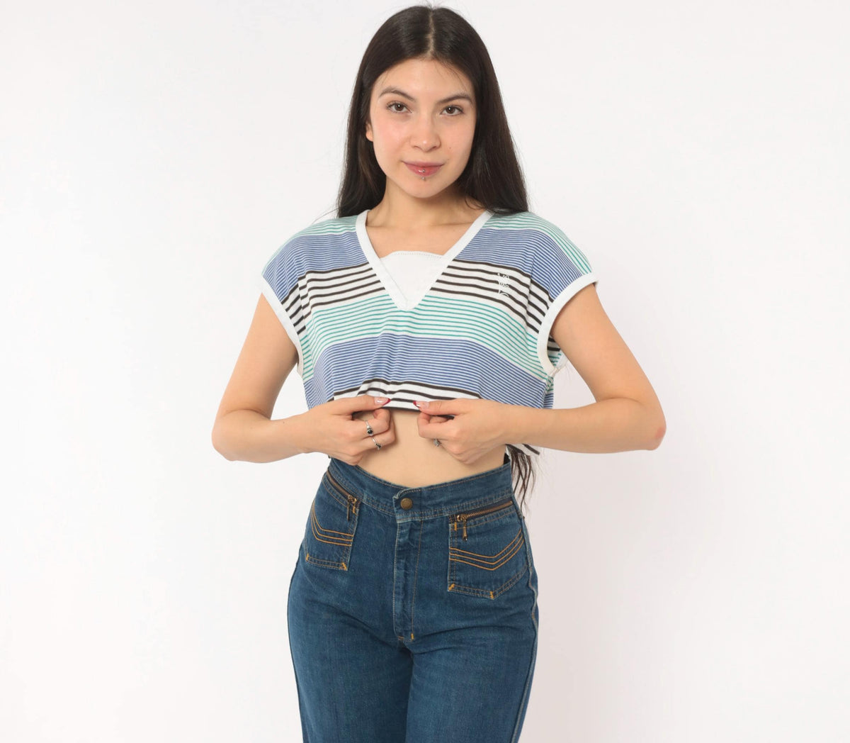 80s Lily's of Beverly Hills Striped Crop Top V-Neck Cap Sleeve Medium
